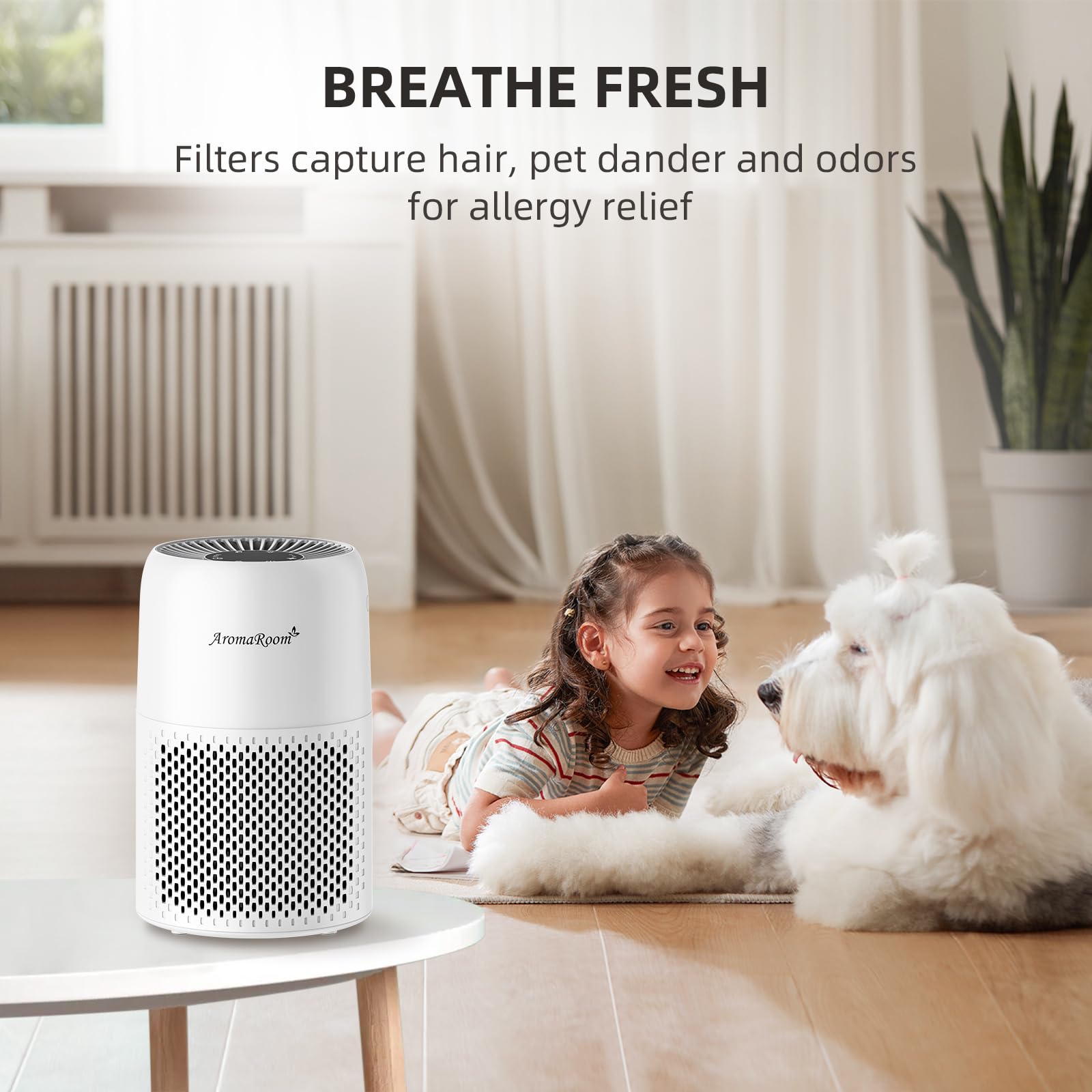 AromaRoom AP100-A H13 True HEPA Air Purifier for Home & Bedroom - Portable Air Cleaner for Smoke, Allergies, Pet Dander, Dust & Odors - Includes Fragrance Sponge & RGB Night Light (White) - Perfect for Bedrooms, Offices & Nurseries