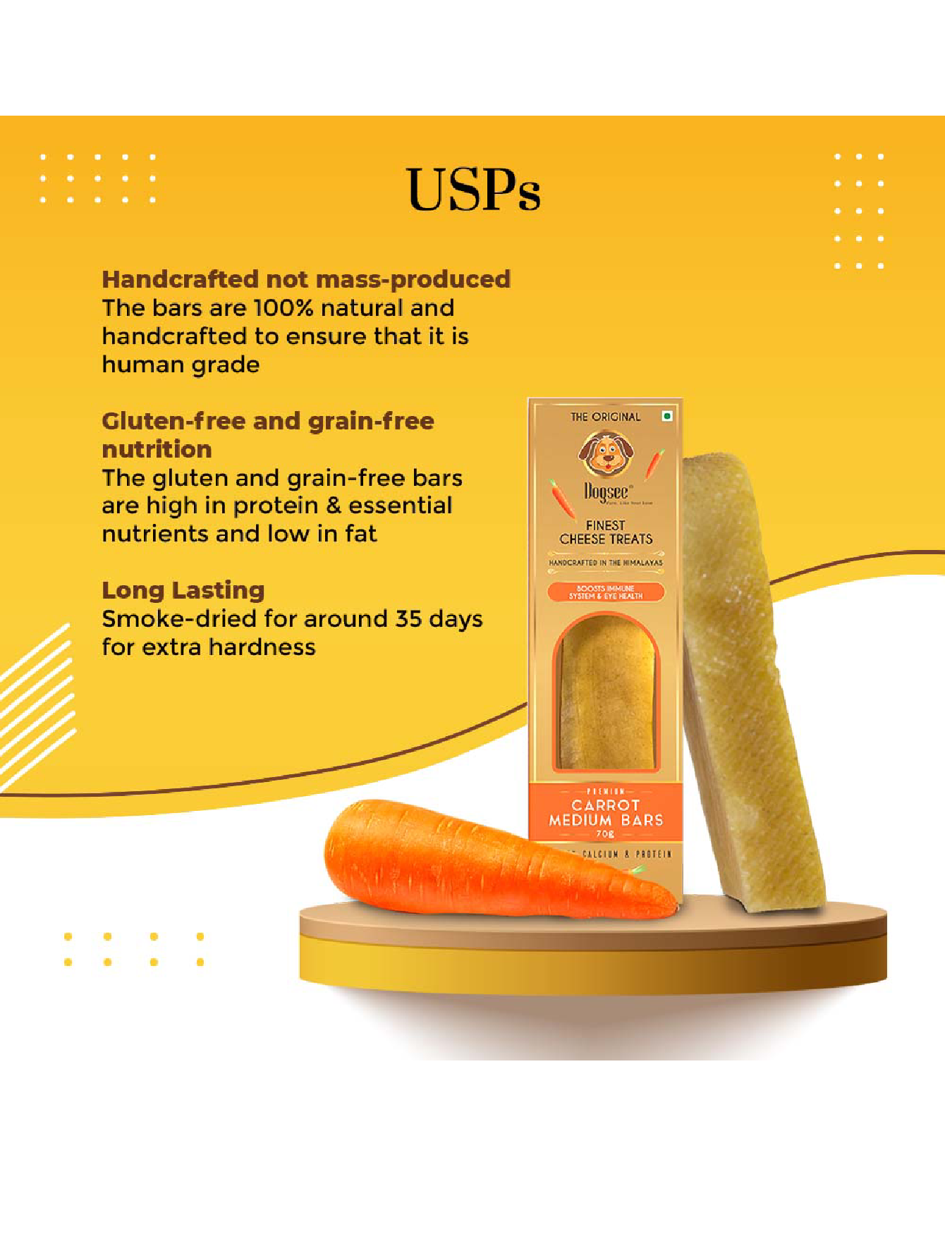 Organic Himalayan Yak Chew Dog Treats with Carrot - 70g All-Natural Long-Lasting Chew for Medium & Large Dogs - Perfect for Teething, Dental Health & Anxiety Relief