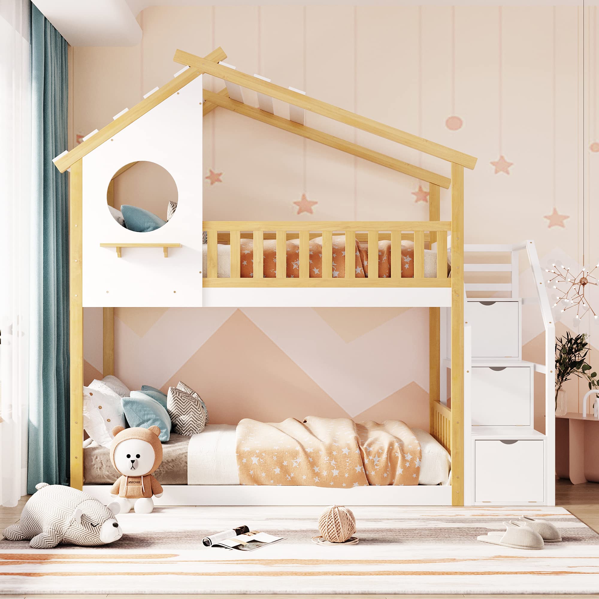 MERITLINE Twin Over Twin Low Bunk Bed with Stairs - Solid Wood Loft Bed for Kids, Girls & Boys - Natural & White Finish - Perfect for Small Bedrooms, Kids' Rooms & Shared Spaces