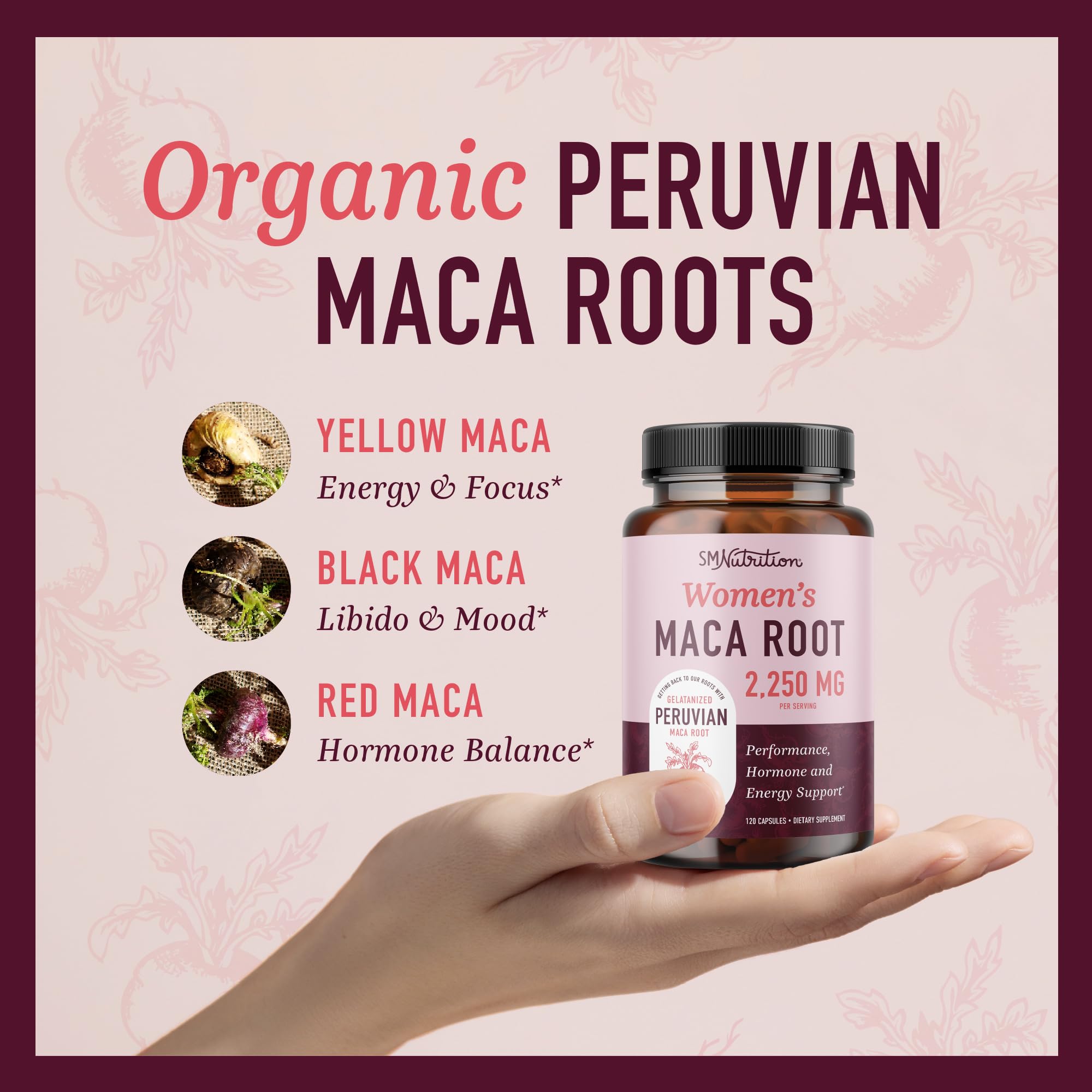 Organic Maca Root Capsules 2250MG for Women - Peruvian Red, Black & Yellow Maca Powder with Black Pepper | Herbal Supplement for Energy, Hormone Balance & Vitality | 120 Count | Supports Libido, Menopause & Workout Recovery