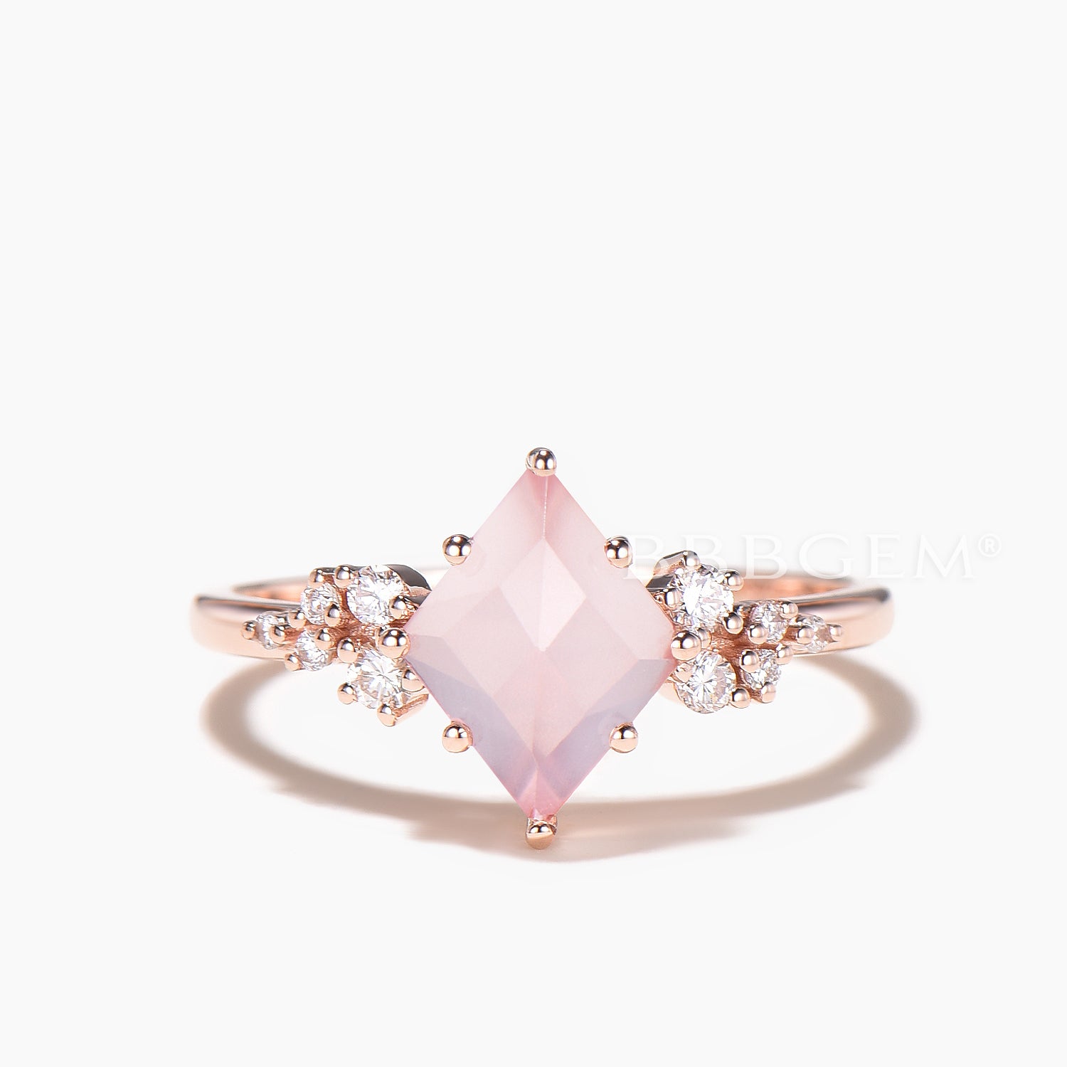 Natural Rose Quartz Engagement Ring & Wedding Band Set - Rhomboid Kite Cut Diamond Bridal Jewelry for Proposals, Anniversaries & Special Occasions