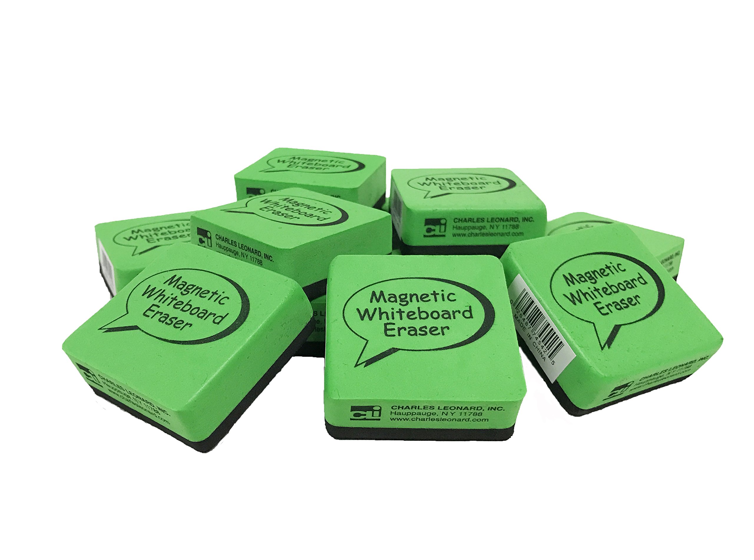 Charles Leonard Magnetic Dry Erase Whiteboard Eraser, 2x2 Inch, Green/Black, 12-Pack (74542) - Perfect for Classroom, Office & Home Use