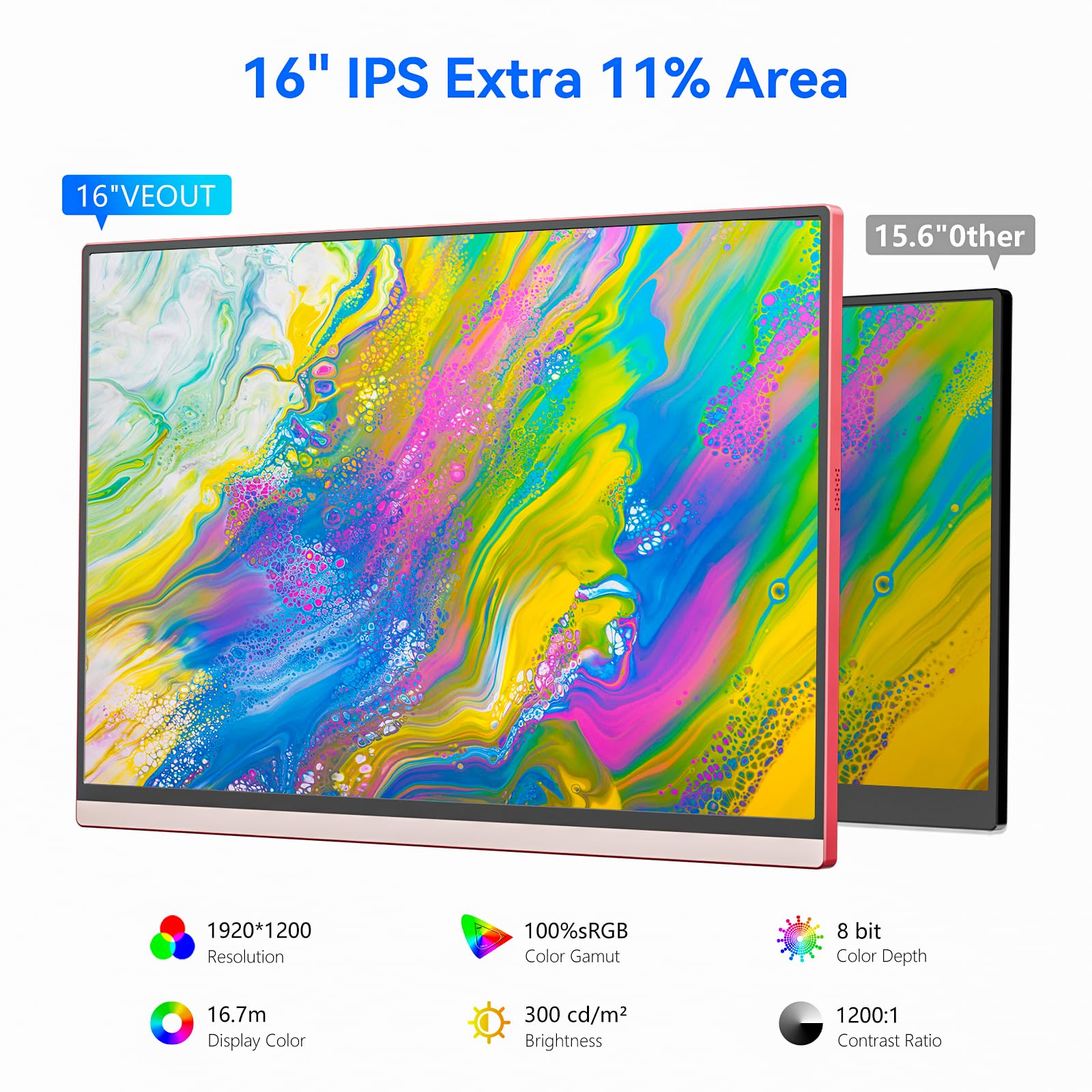 16 Inch Pink Portable Monitor for Laptop - 1920x1200P IPS 16:10 External Display with 100% sRGB, FreeSync & Stand - Perfect for Girls, Gaming, Work from Home & Travel
