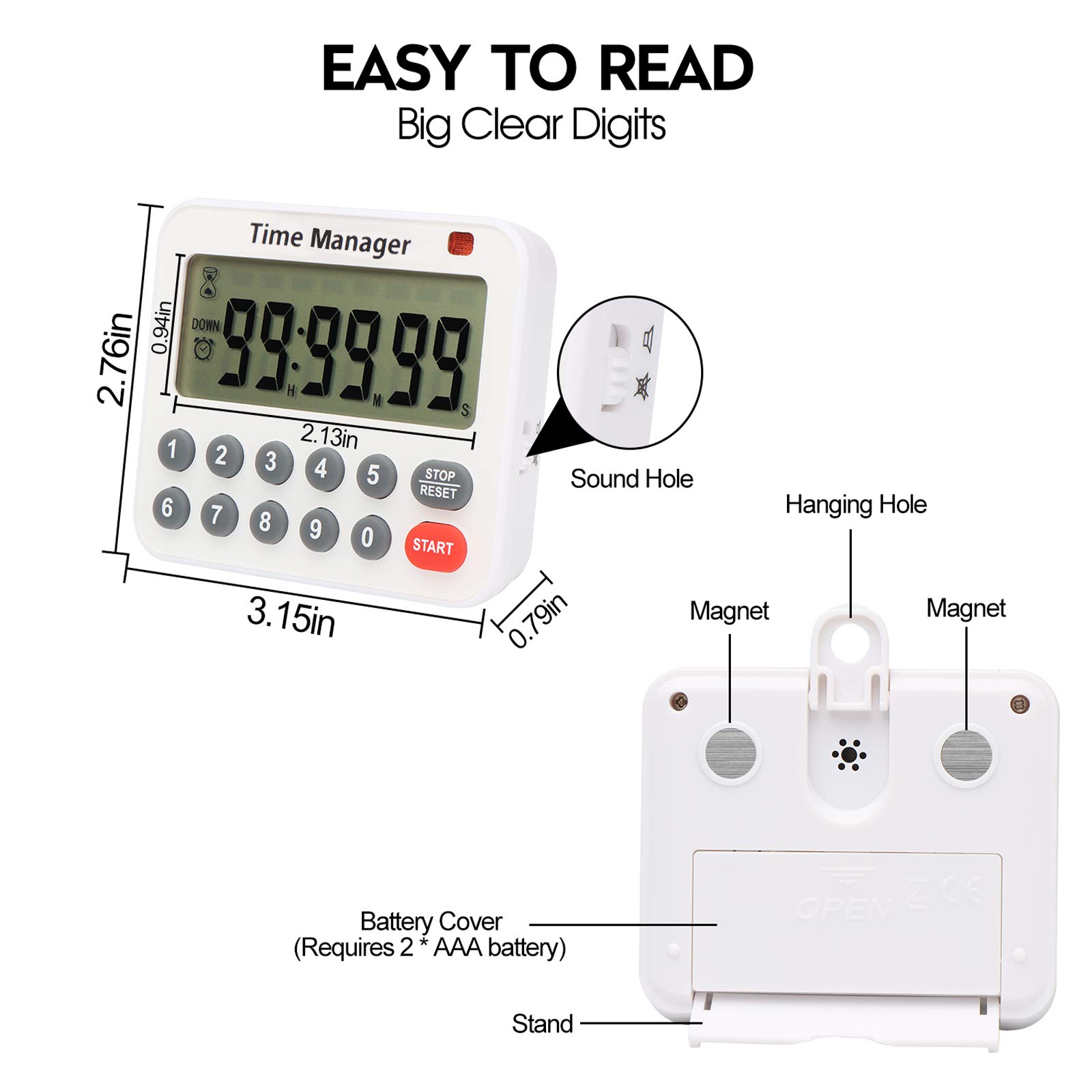 AIMILAR AY4052-2 Digital Kitchen Timer - Magnetic Count Up/Down Cooking Timer with Loud Alarm, Direct Time Input (Hours/Minutes/Seconds), 2-Pack - Perfect for Baking, Cooking, Workouts & Classroom Activities