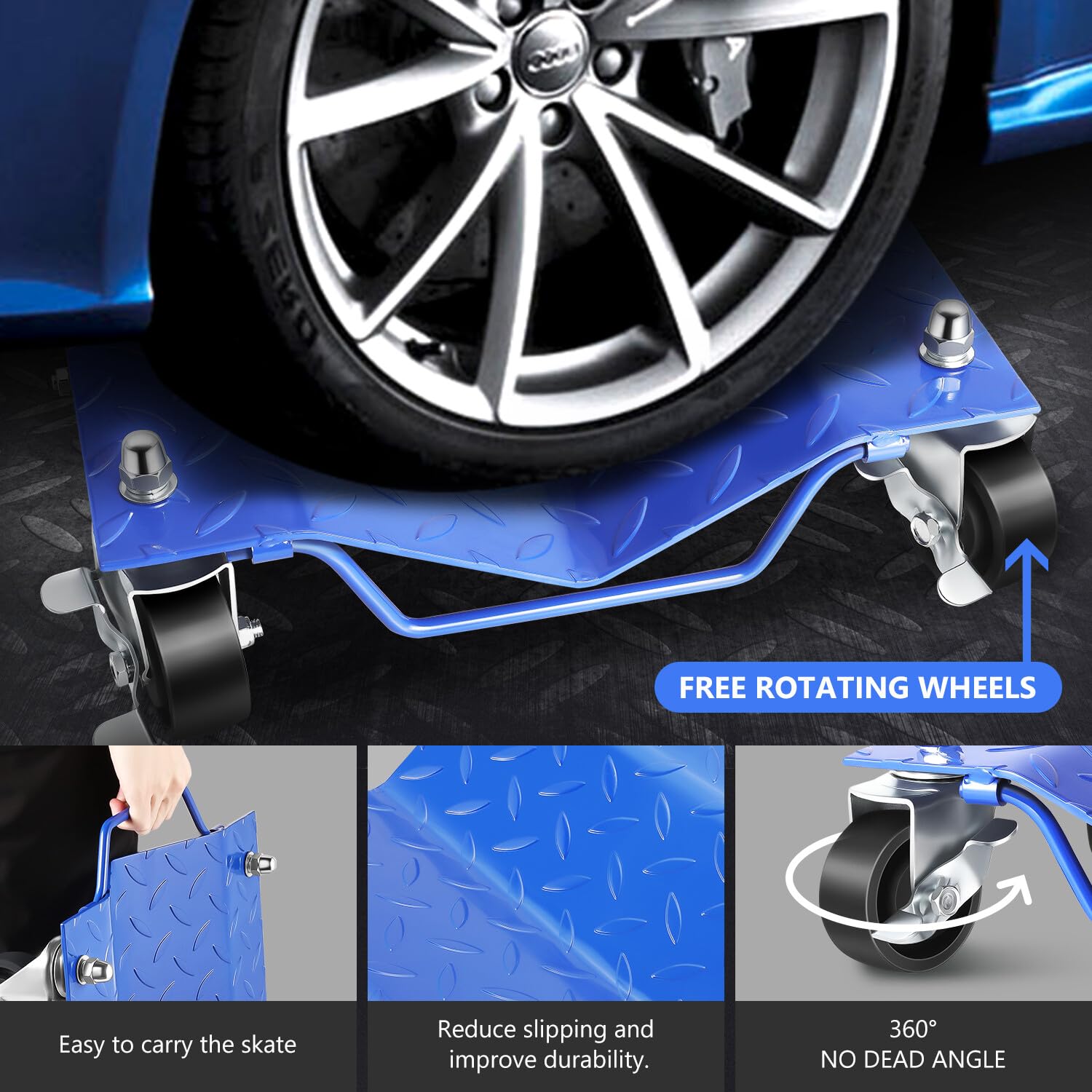 DNA MOTORING 4-Pack Heavy Duty Wheel Dolly Set - 6000 lbs Capacity Car Tire Dollies for Vehicle Moving & Repair - Blue (TOOLS-00299) - Perfect for Garage, Auto Shop & DIY Car Maintenance