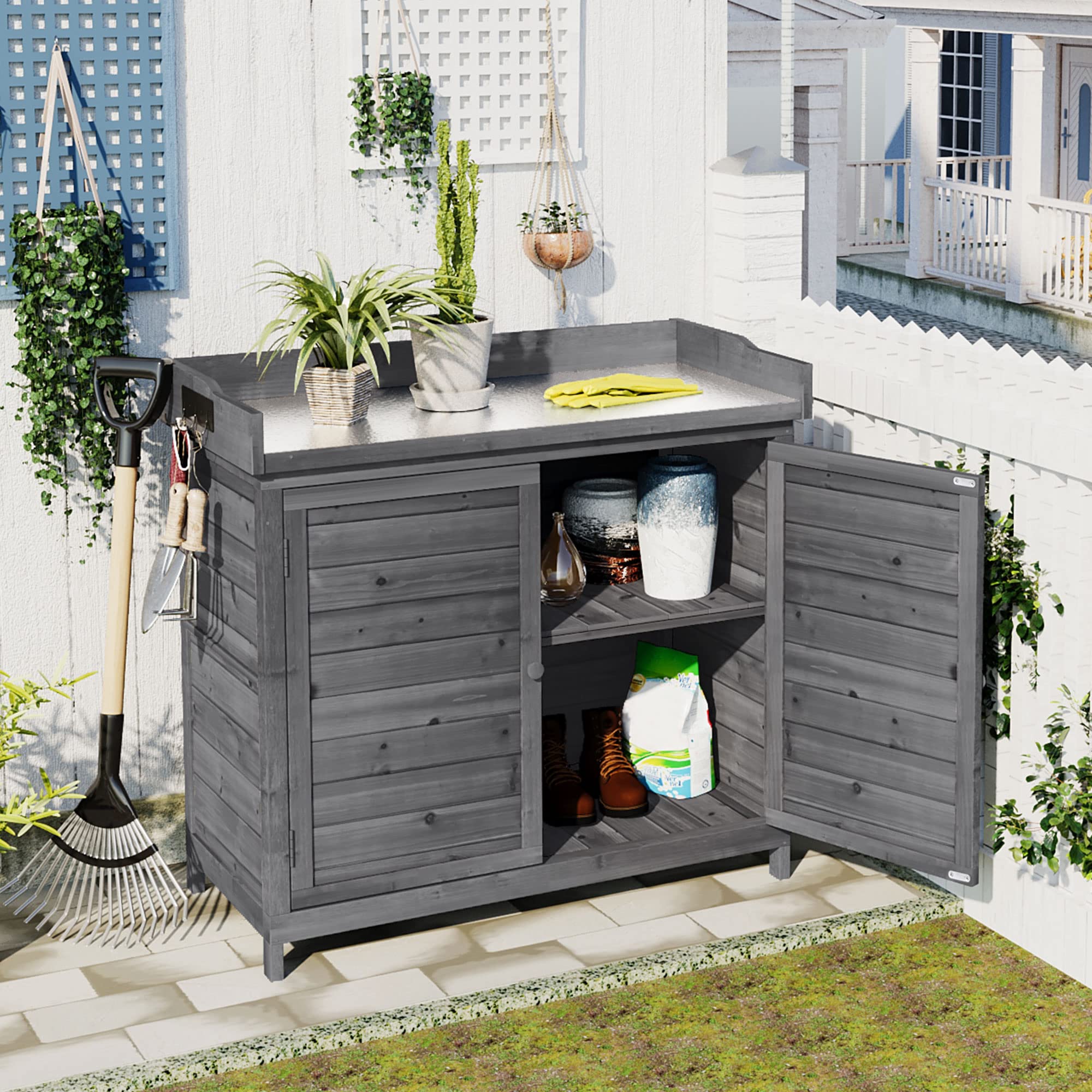 Outdoor Potting Bench with Storage - Weatherproof Garden Work Table with Double Doors, 2-Tier Shelves & Side Hooks - Perfect for Patio, Backyard, Porch Gardening & DIY Projects (Grey)