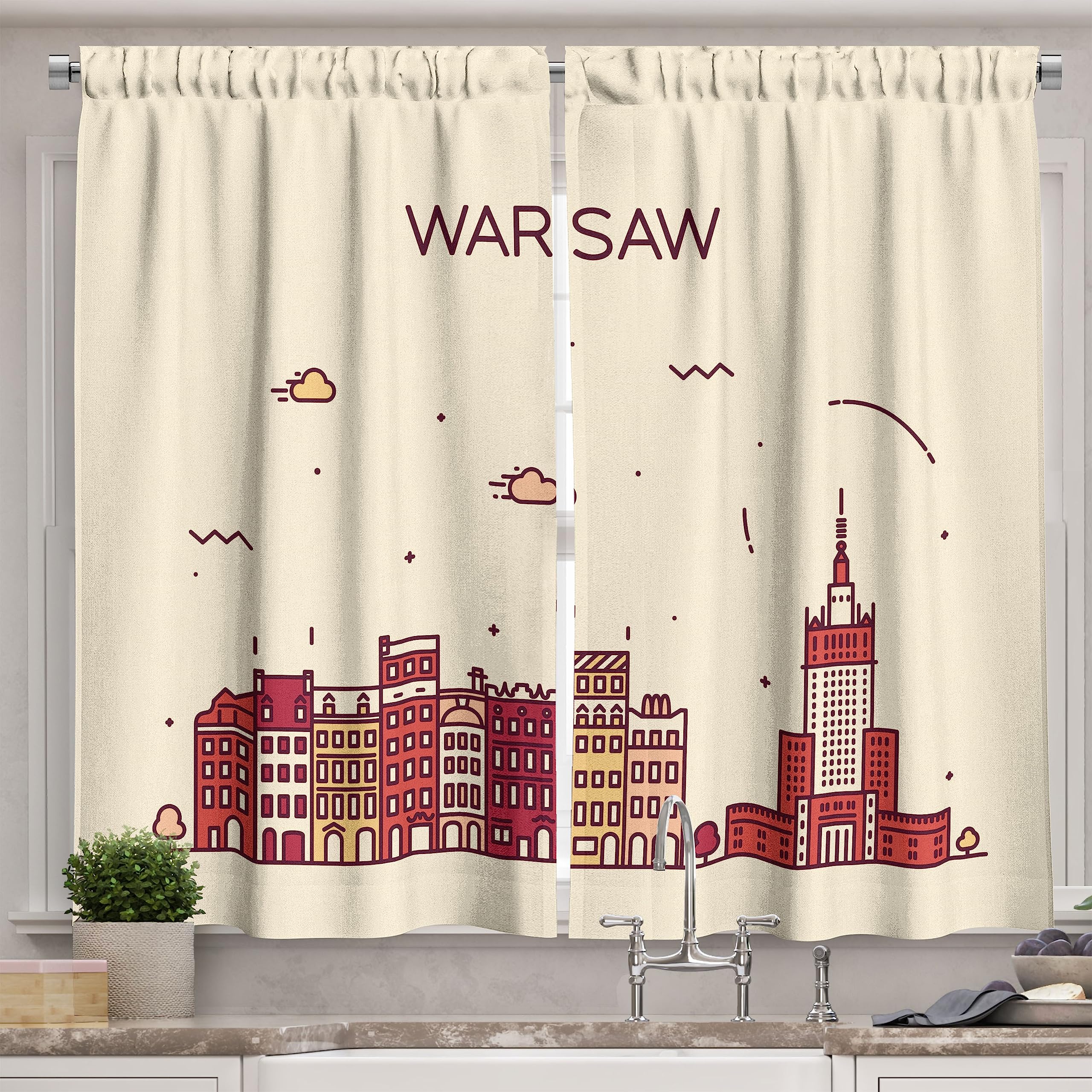 Ambesonne Polish Kitchen Curtains Set of 2 - Warsaw Skyline Calligraphy Design Window Drapes for Kitchen & Cafe Decor, 55 x 39 Inches, Champagne Dark Salmon - Perfect for Modern Home, Restaurant & Office Decor
