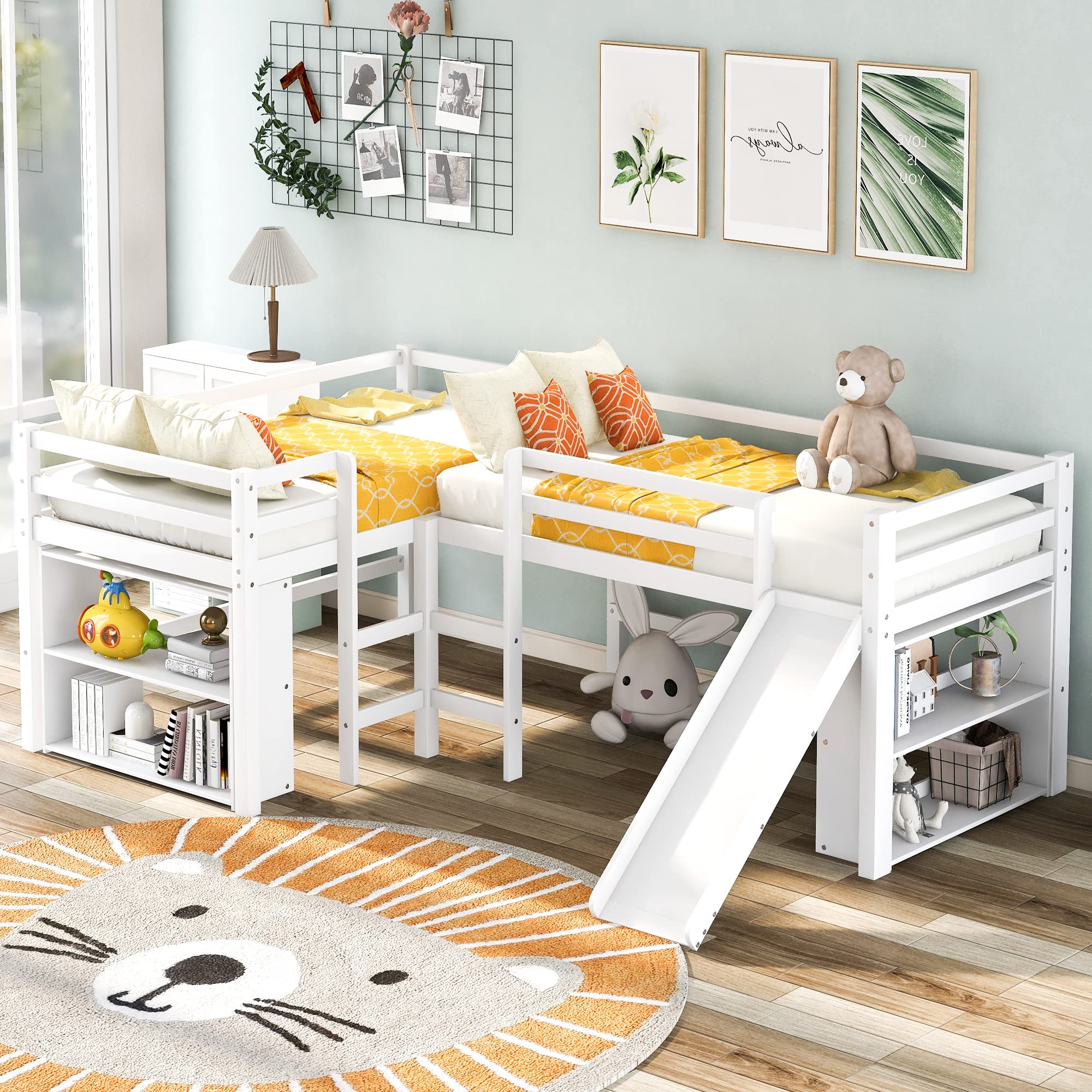 L-Shaped Twin Size Loft Bed with Widened Ladder & Slide - Solid Wood Kids Bunk Bed Frame with Safety Guardrail & Adjustable Bookshelves for Boys, Girls, Teens - Perfect for Small Bedrooms, Dorm Rooms & Playrooms (White)