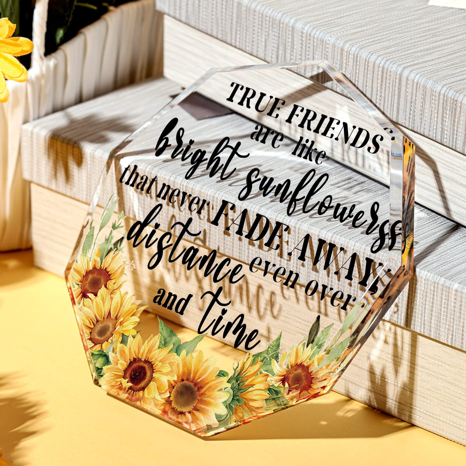 Yulejo Sunflower Friendship Gifts for Women - Bestie Birthday Gift, Long Distance BFF Present, Acrylic Heart Keepsake (Polygon Sunflower) - Perfect for Christmas, Moving Away, or Special Occasions