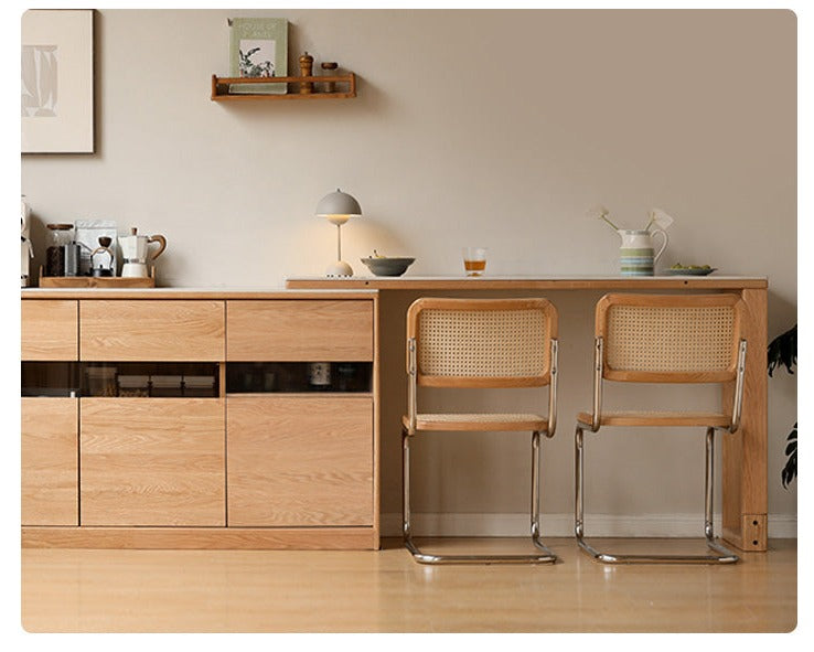 Solid Oak Wood Sideboard with Folding Slate Dining Table - Rustic Farmhouse Buffet Cabinet for Dining Room, Kitchen, or Entryway Storage