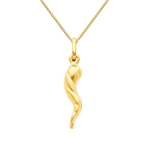 14K Yellow Gold Twisted Cornicello Italian Horn Pendant Necklace with 0.65mm Box Chain - Elegant Italian Charm Jewelry for Protection & Good Luck | Perfect Gift for Women, Men, Birthday & Special Occasions