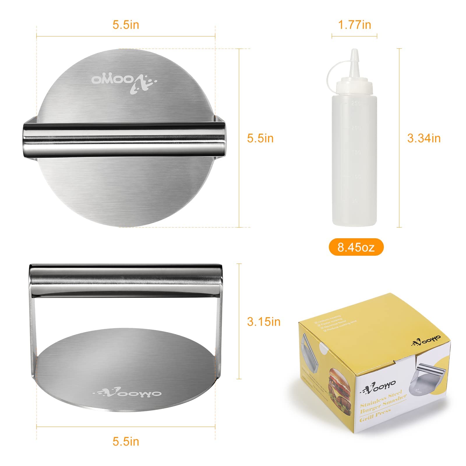 VOOWO Stainless Steel Smash Burger Press - Heavy Duty Hamburger Patty Maker with Squeeze Bottles, Perfect for Griddle, BBQ & Indoor Cooking - Ideal Grill Press Tool for Burgers, Sandwiches & Meat Preparation