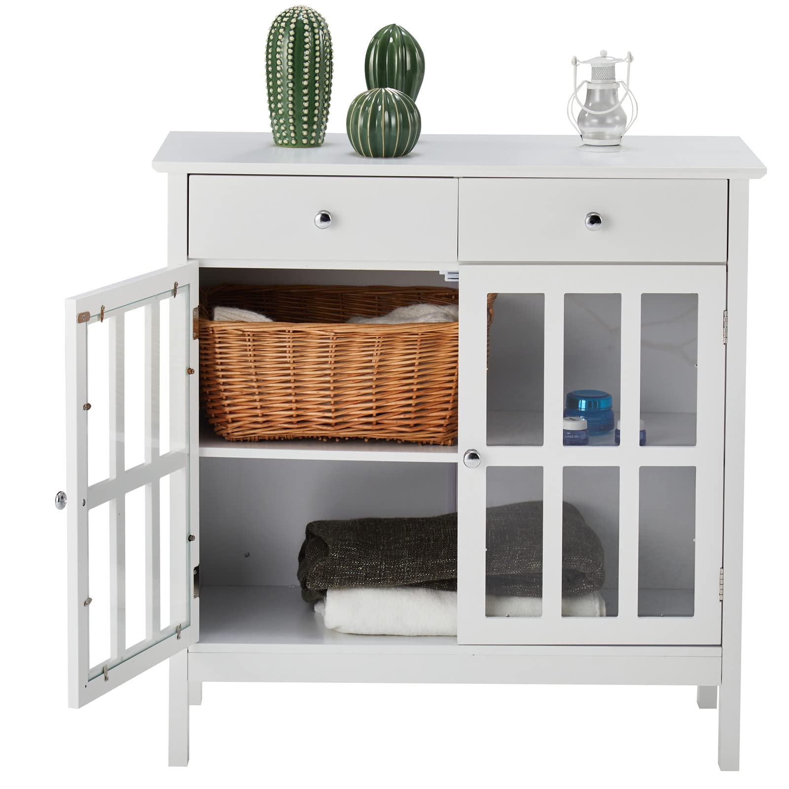 HoorLang White Storage Cabinet with 2 Drawers & 2 Shelves, Glass Door Freestanding Organizer for Bathroom, Living Room, Kitchen - Perfect for Towel Storage, Home Decor & Small Space Organization (HLBC01W, White)