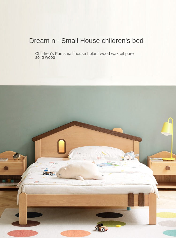 Kids Wooden Bed with Night Light - Beech & Poplar Little House Design with 15-Minute Auto Light Off - Perfect for Bedrooms, Playrooms & Cozy Sleep Spaces