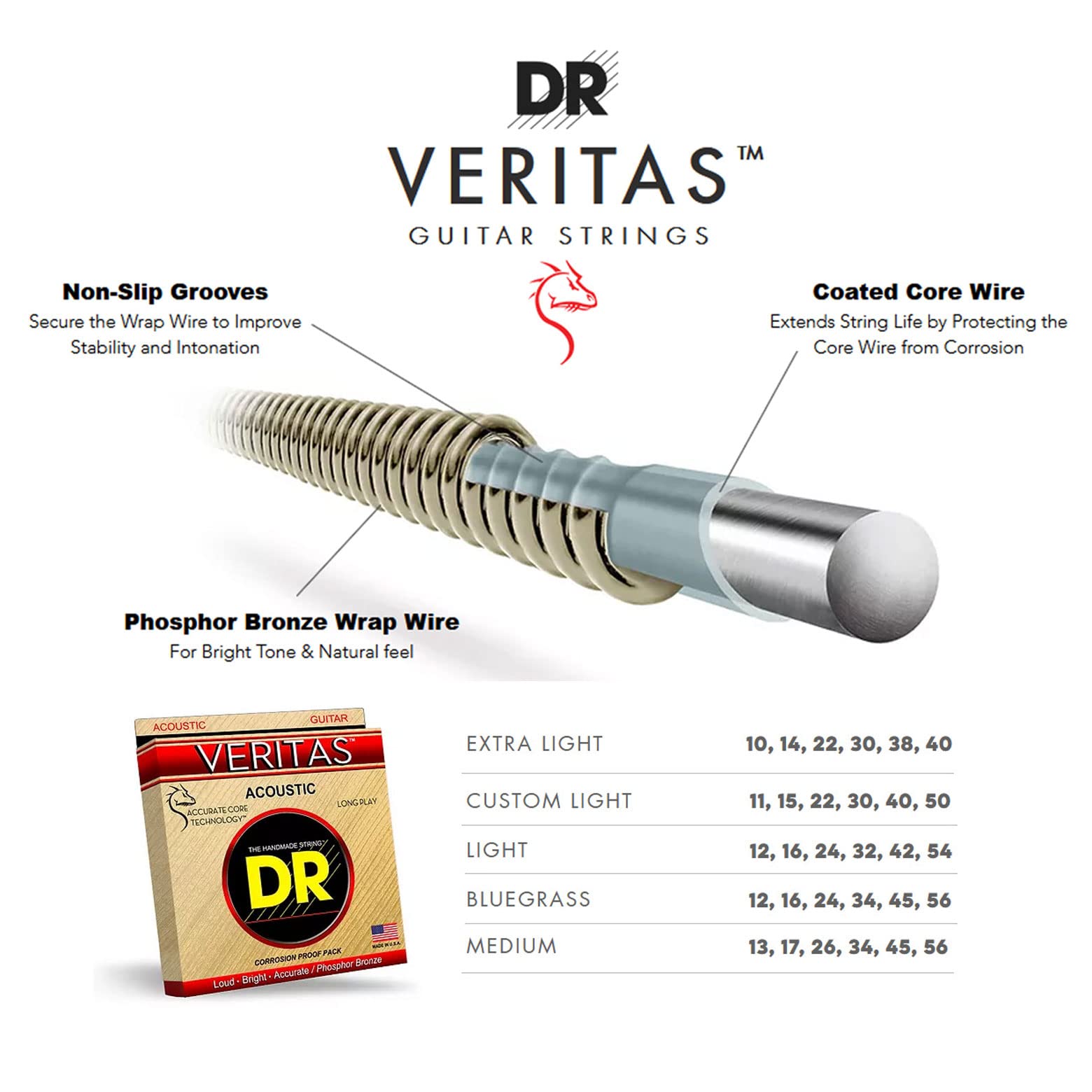 DR Strings VTA-11 Veritas Phosphor Bronze Acoustic Guitar Strings 11-50 Custom Light Gauge Set | Bright Tone & Long-Lasting Performance for Folk, Country & Fingerstyle Playing
