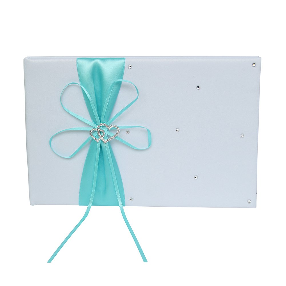 Elegant Guest Book and Pen Set Holder - Hardcover with Satin Ribbon Bow & Rhinestone Heart for Rustic Weddings, Parties, Events - Aqua Blue, 72 Pages | Perfect for Wedding Guest Books, Anniversary Signatures & Special Occasion Keepsakes