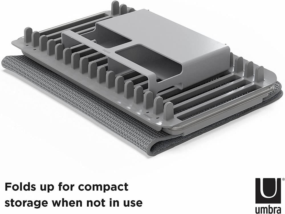 Umbra Udry Over Sink Dish Rack with Microfiber Drying Mat - Space Saving Kitchen Organizer for Small Spaces, Dish Drainer & Drying Rack for Countertop - Perfect for Apartments, RVs & Compact Kitchens (Grey)