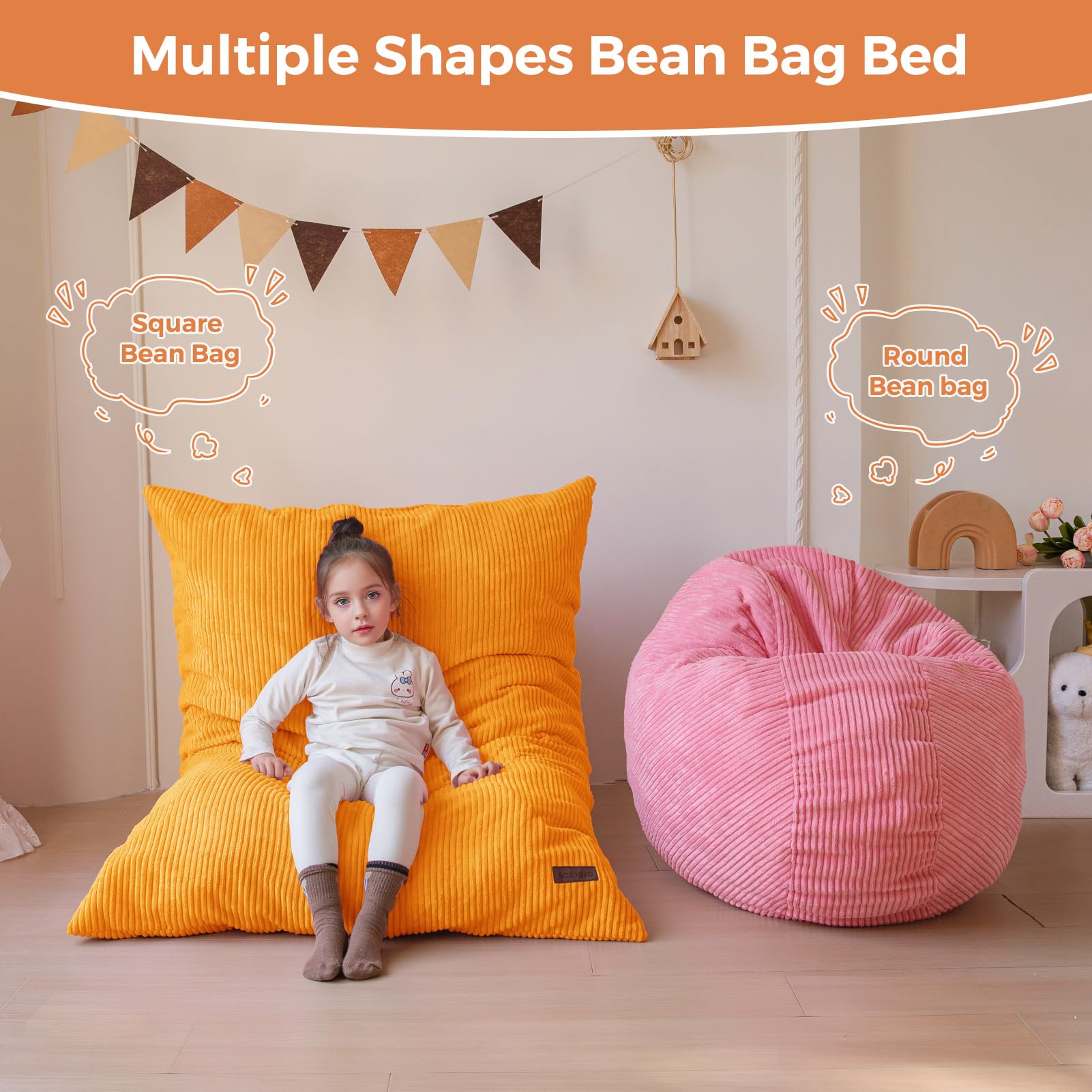 MAXYOYO 3-in-1 Convertible Kids Bean Bag Chair & Bed - Multi-Functional Floor Sofa for Children's Room, Gaming & Reading - Soft & Comfortable Orange Lounge Furniture for Playroom, Dorm or Nursery
