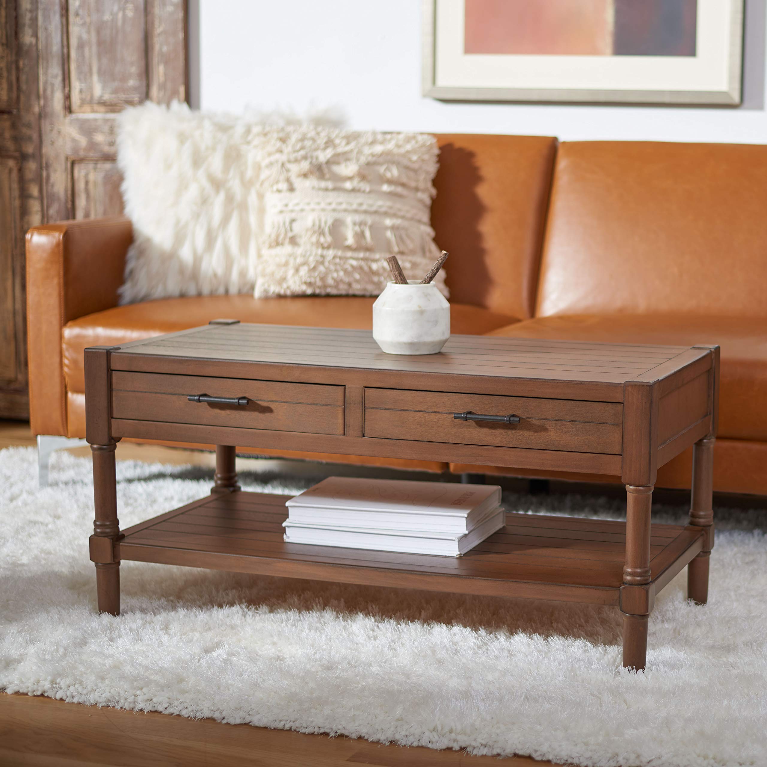 SAFAVIEH Filbert Brown 2-Drawer Coffee Table with Bottom Shelf - Modern Living Room Furniture COF5703C - Perfect for Small Spaces, Apartments & Cozy Home Decor