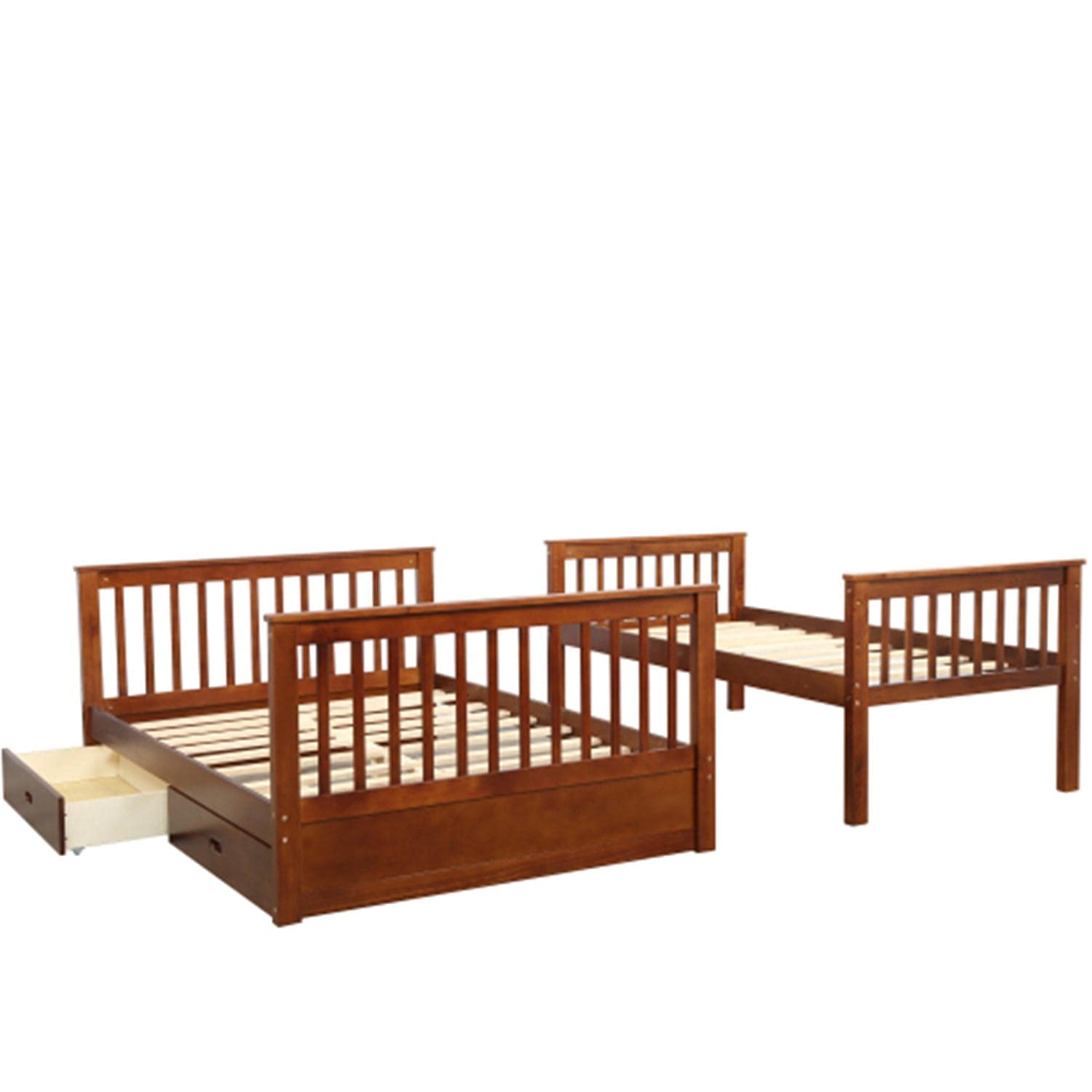 Twin Over Full Bunk Bed with Drawers & Ladder - Solid Wood Bunk Bed with Full-Length Safety Guardrail - No Box Spring Required - Walnut Finish - Perfect for Kids' Bedroom, Guest Room & Space-Saving Solutions