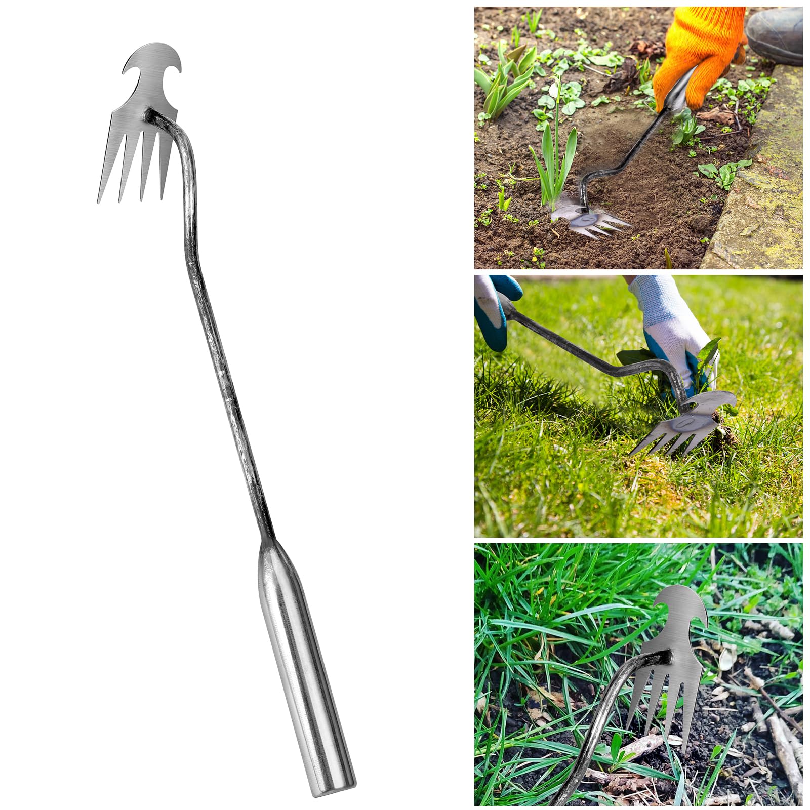4-Tine Stainless Steel Hand Weeder Tool - Dual Purpose Garden & Yard Weed Puller for Efficient Weed Removal - Perfect for Lawn Care, Flower Beds, and Vegetable Gardens