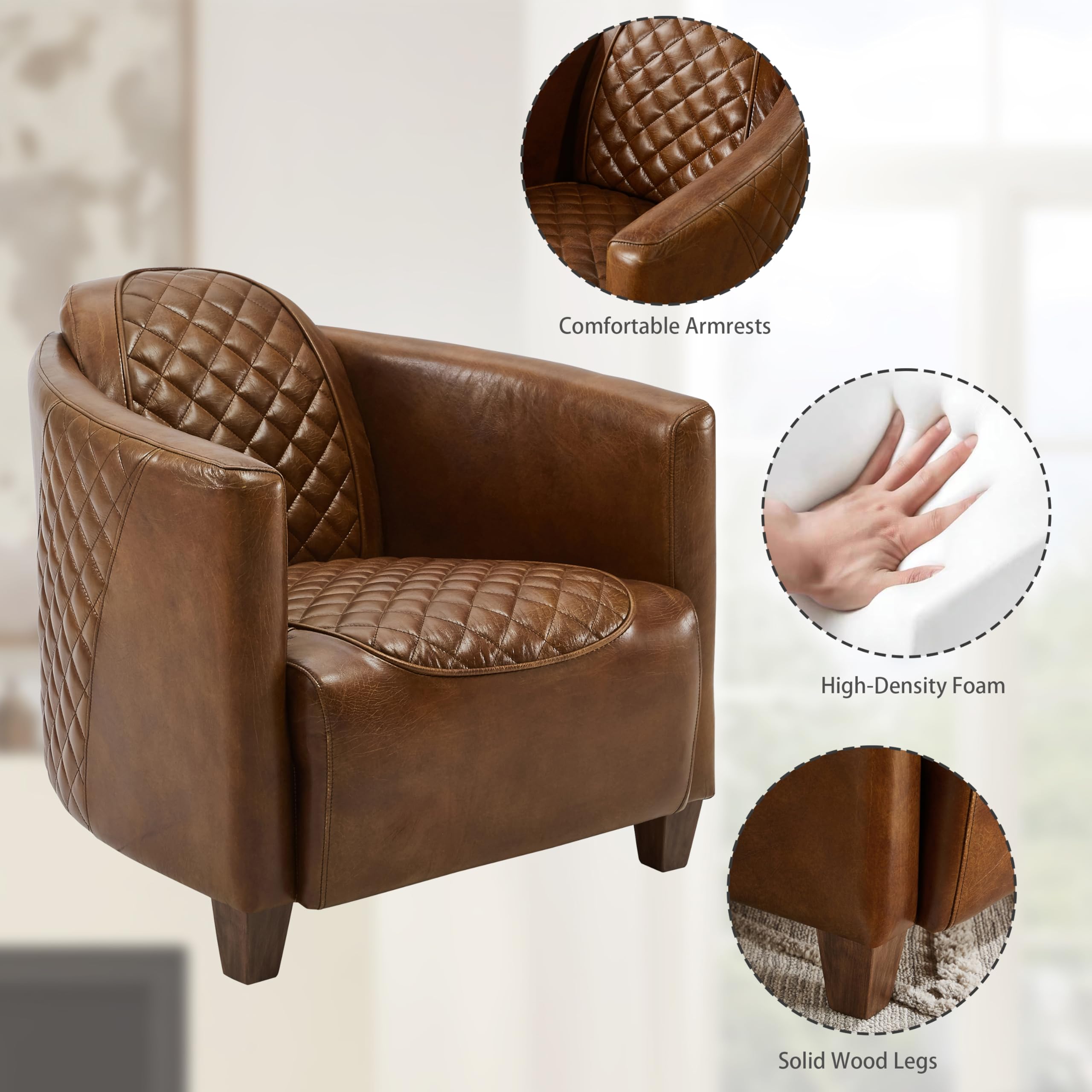 Zouron Genuine Leather Mid-Century Modern Accent Chair - Barrel Style Upholstered Living Room Sofa with Wooden Legs - Single Seater for Bedroom, Home Office & Lounge Areas - Cognac Brown (1 Piece) - Perfect for Reading Nooks, Cozy Corners & Contemporary Decor