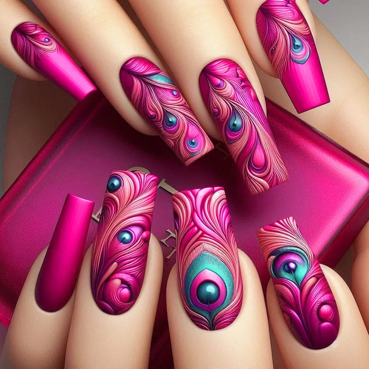 24Pcs Long Ballet False Nails - Dark Red Flower Press on Nails with Stripe French Coffin Design | Romantic Rose Medium Acrylic Fake Nails for Parties, Weddings & Special Occasions