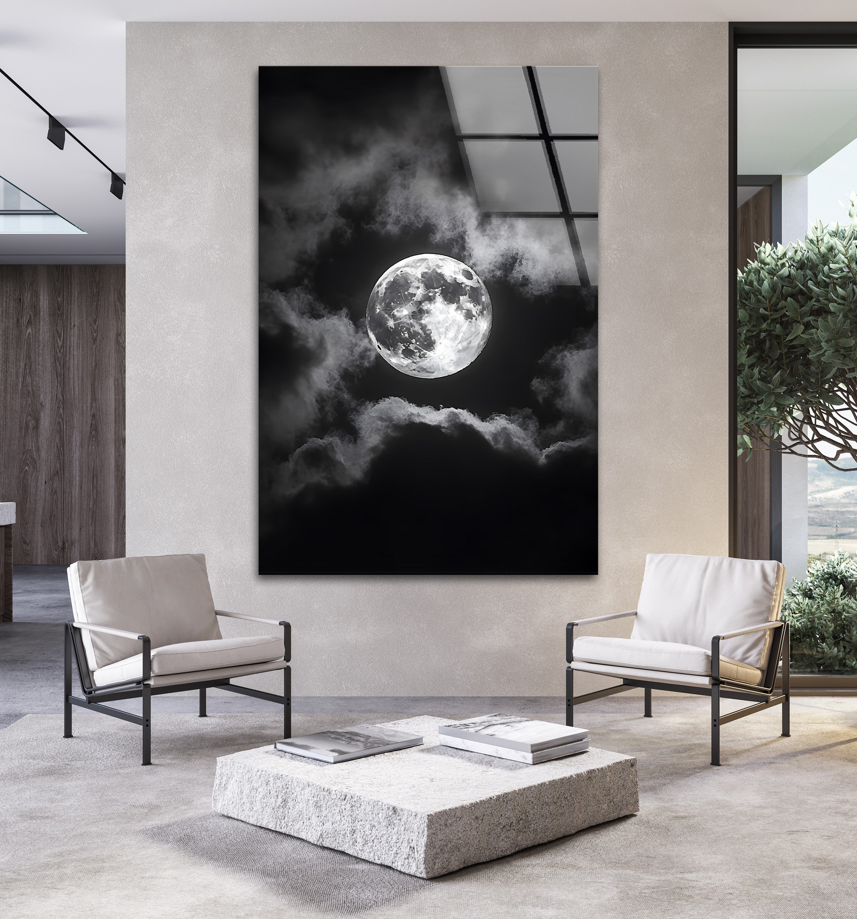 Black and White Moon Wall Art - Stunning Night Sky Scene Printed on Glass Canvas - Perfect for Living Room, Bedroom & Office Decor
