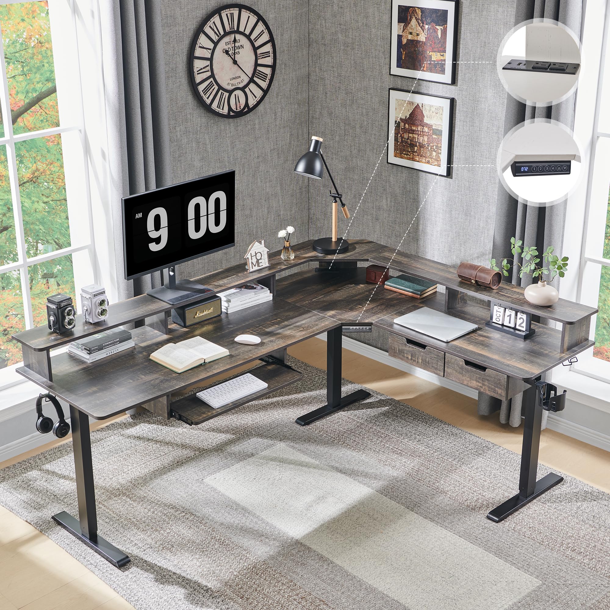RedLemon 75X60 Inches L-Shaped Electric Standing Desk - Height Adjustable Corner Gaming Desk with Drawers, Keyboard Tray, Power Outlets & LED Lights - Computer Desk with Monitor Shelf in Dark Rustic Oak - Perfect for Home Office, Gaming Setup & Workspace Ergonomics