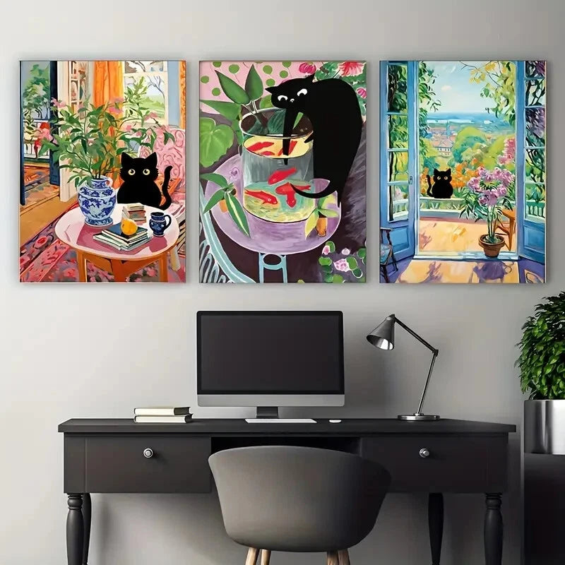 3-Piece Modern Henri Matisse Cat Wall Art Set - Framed Canvas 40x60cm (16x24in) - High Quality Print - 100% Australian Made - Ready to Hang - Perfect for Living Room, Bedroom, Office & Home Decor