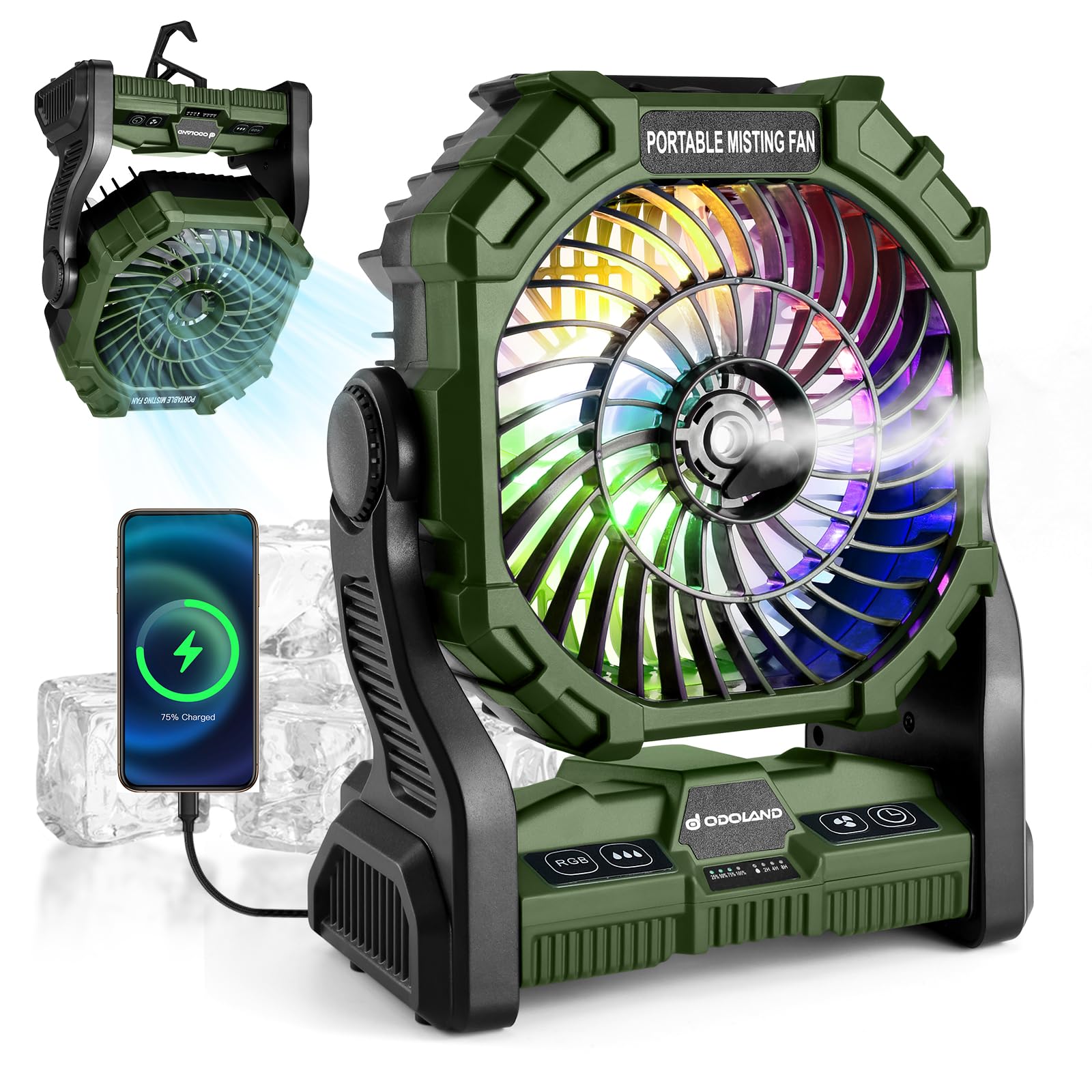 Odoland Portable Camping Fan with Misting Function - 250mL Water Tank, 20000mAh Rechargeable Battery, Hanging Hook & LED Light - Outdoor Cooling Fan for Tents, Patios, Beach, RV, Car - Perfect for Summer, Travel & Emergency Power Outages