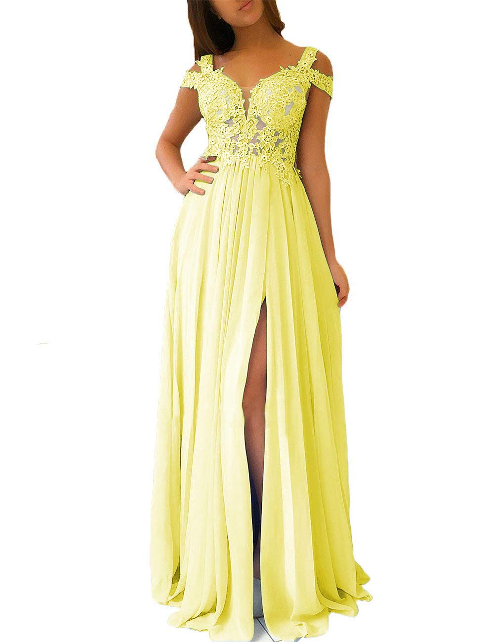 Elegant Women's Lace Appliqued Evening Gown with Side Split - A-Line Prom Dress for Formal Events, Weddings & Special Occasions