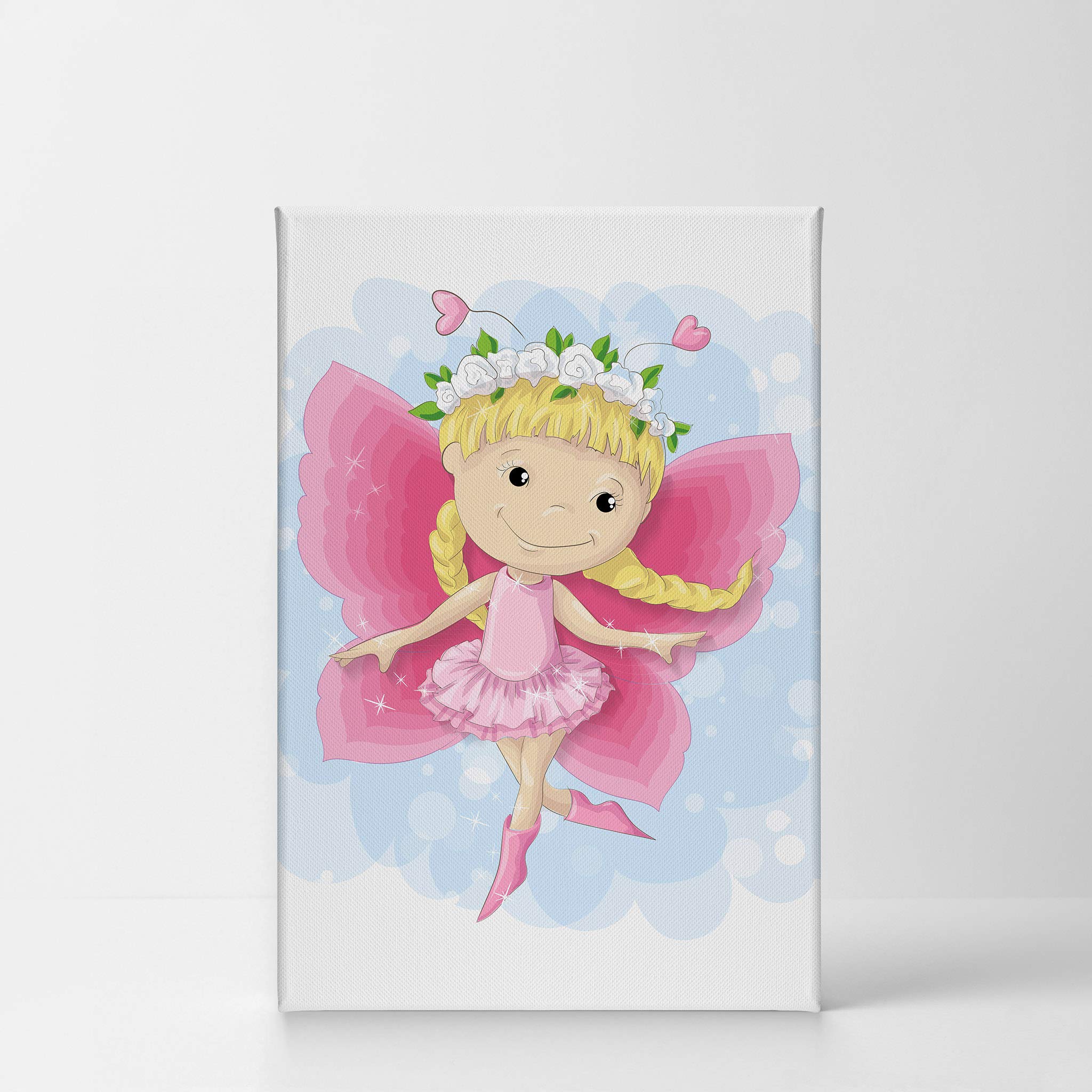 Cute Blonde Pink Dressed Fairy Girl Canvas Print - Smile Art Design Kids Room Decor, Nursery Wall Art (36x24 Inch, Ready to Hang, Made in USA) - Perfect for Baby Girl's Bedroom, Playroom & Children's Space Decor