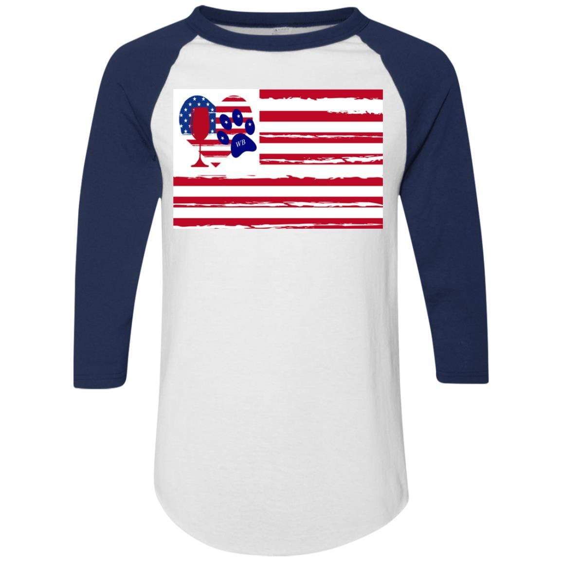 American Flag Wine Paw Heart Colorblock Raglan Jersey - Patriotic Comfort Wear for Casual Outings & Wine Tasting Events