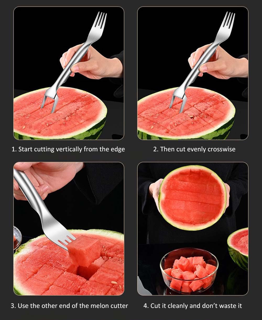 2024 New 2-in-1 Stainless Steel Fruit Cutter - Dual Head Watermelon Slicer & Fork Tool Set (2Pcs) - Perfect for Picnics, BBQs, and Summer Fruit Parties