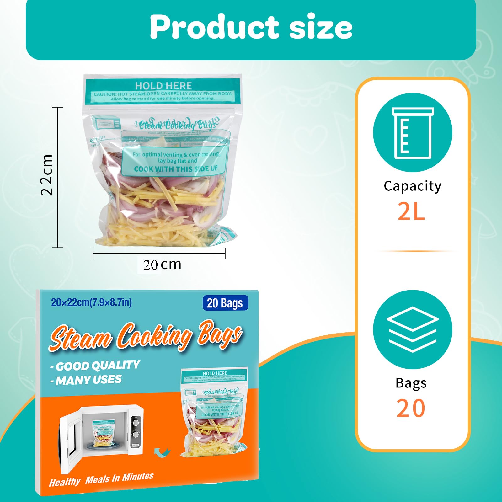 20-Pack Large Microwave Steam Cooking Bags - Reusable Food Storage Bags for Vegetables, Potatoes & Meat | BPA-Free, Easy to Use Disposable Steamer Bags | Perfect for Meal Prep, Healthy Cooking & Quick Dinners