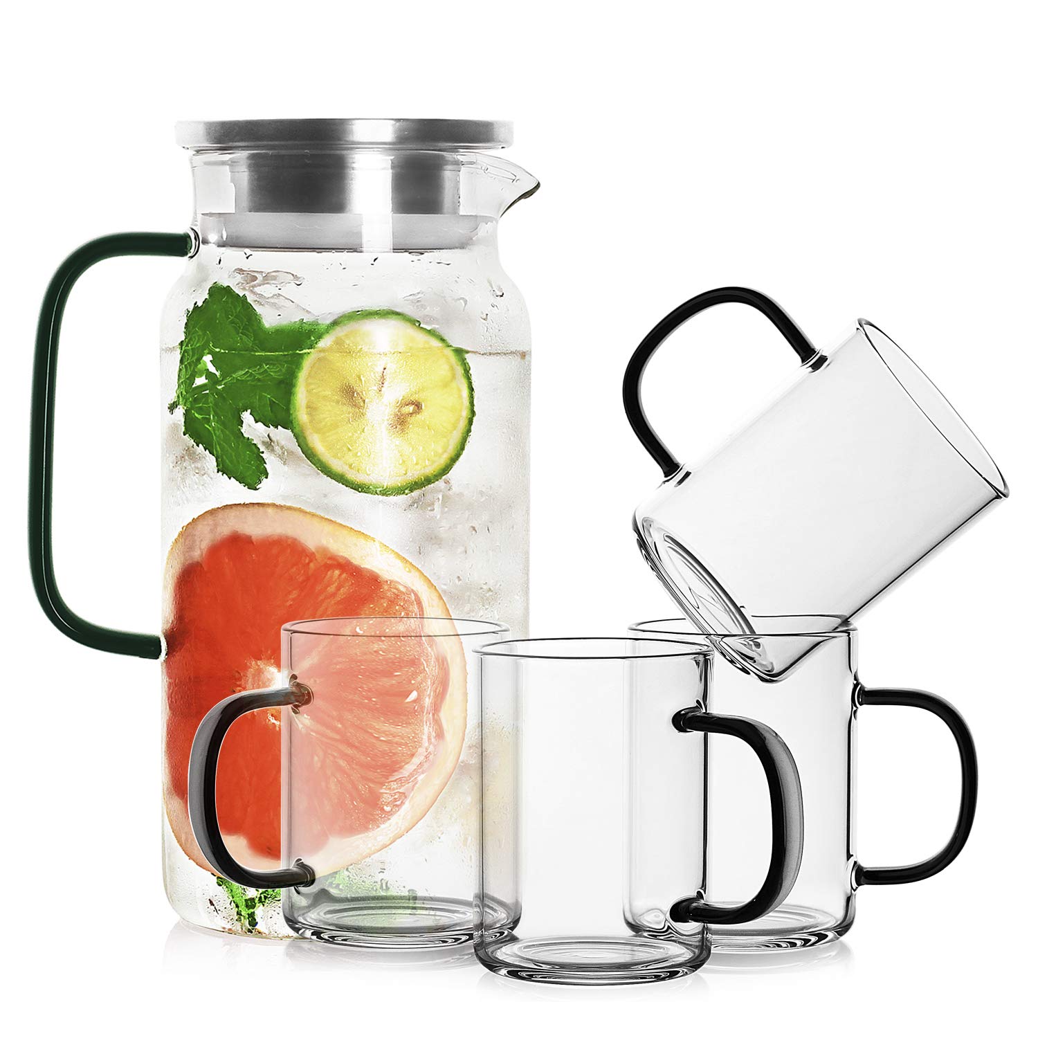 LUXU 42oz Glass Pitcher Set with 4 Coffee Mugs - Dark Green Handle, Premium Tea Kettle & Pitcher for Iced Tea, Lemonade, Cold Brew - Perfect for Home, Office, and Outdoor Entertaining