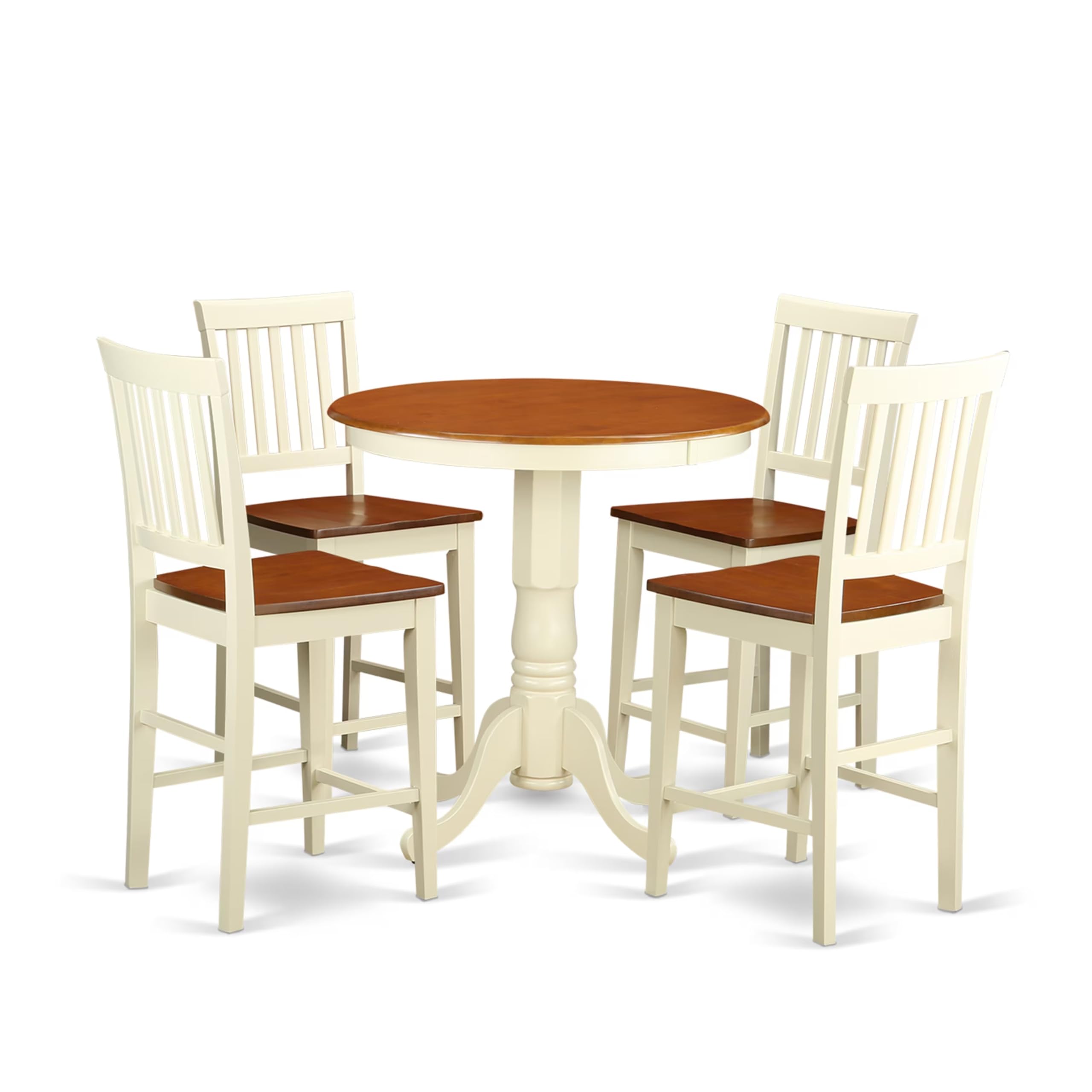 East West Furniture 5-Piece Counter Height Dining Set - 30x30 Inch Round Wooden Table with Pedestal Base & 4 Chairs in Buttermilk & Cherry - Perfect for Small Kitchens, Breakfast Nooks & Apartment Dining Areas