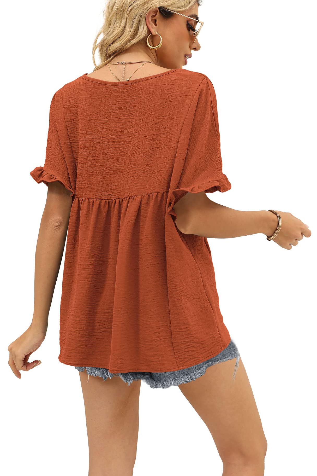 WIHOLL Women's Casual V-Neck Ruffle Sleeve T-Shirt - Loose Fit Babydoll Peplum Top for Everyday Wear, Office & Date Nights