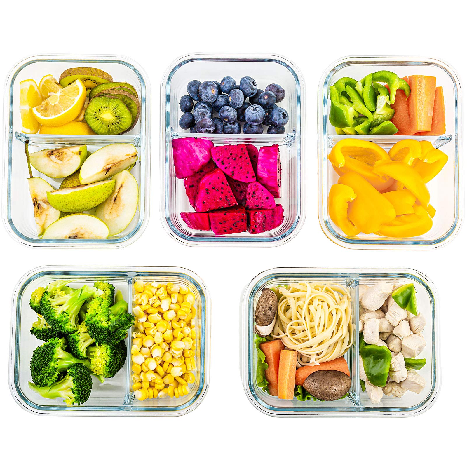 Crest Glass Meal Prep Containers 2 Compartment Set - 5-Pack 34oz Bento Boxes for Adults with Lids | Reusable Divided Glass Lunch Containers for Office, Meal Prepping & Healthy Eating