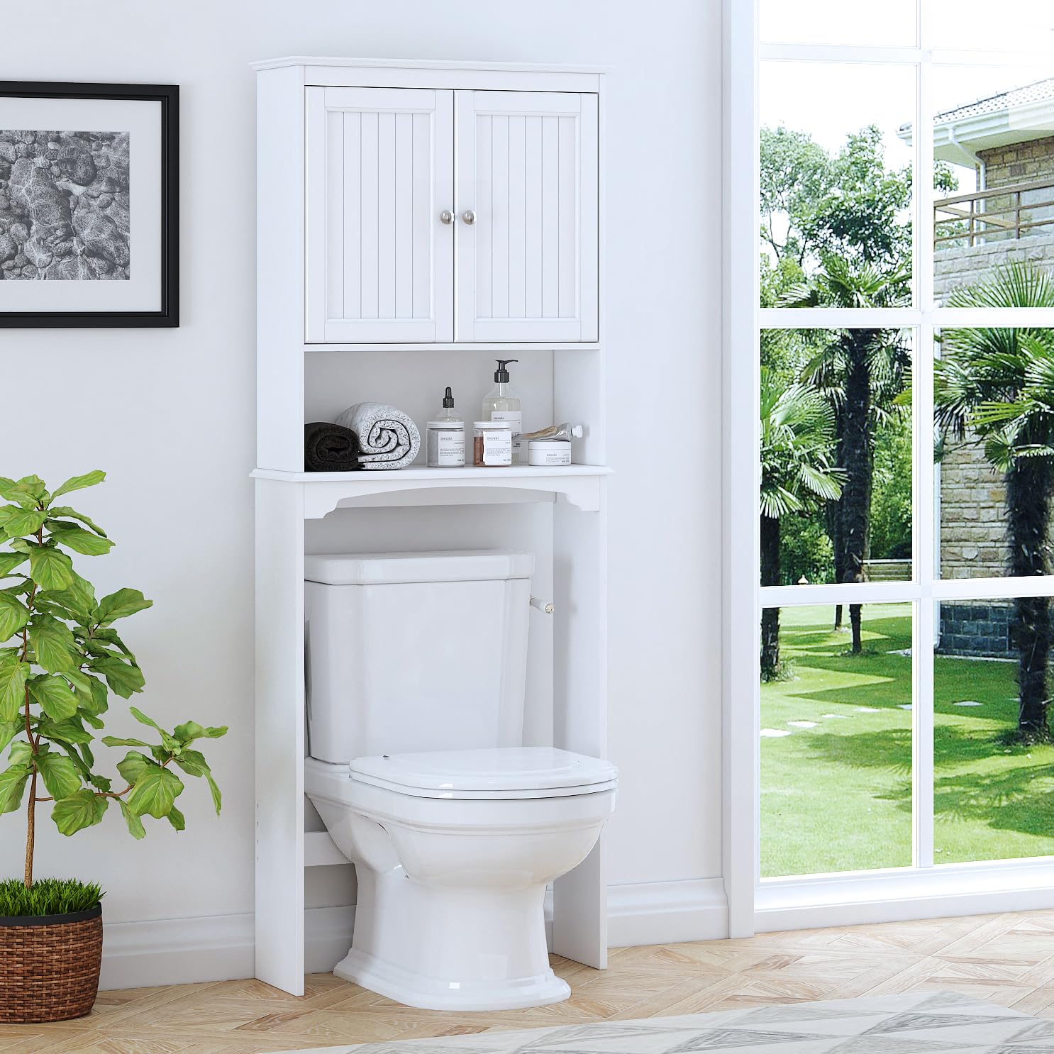 White Over The Toilet Storage Cabinet - Bathroom Shelf Organizer with 3-Tier Space Saving Design for Towels, Toiletries & Decor - Perfect for Small Bathrooms, Apartments & Powder Rooms