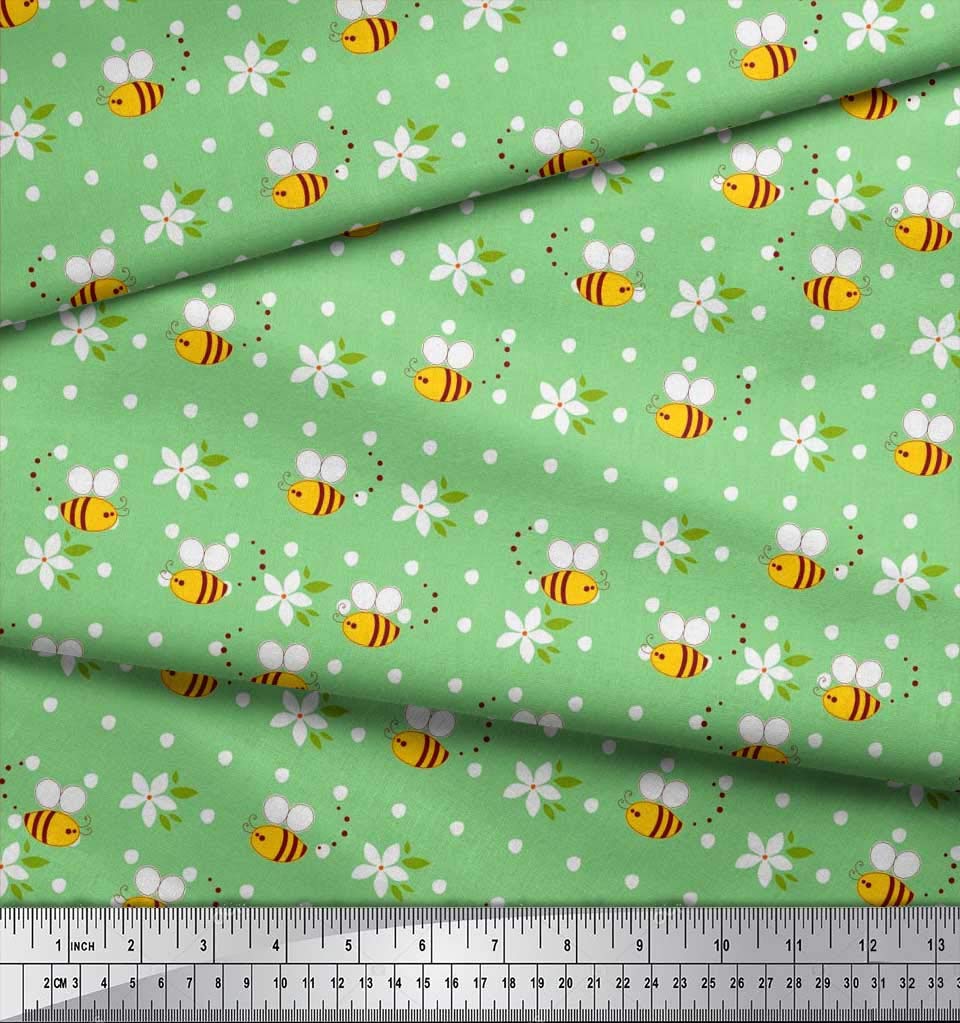 Soimoi Rayon Green Fabric - Floral Honey Bee Print for Dresses & Crafts