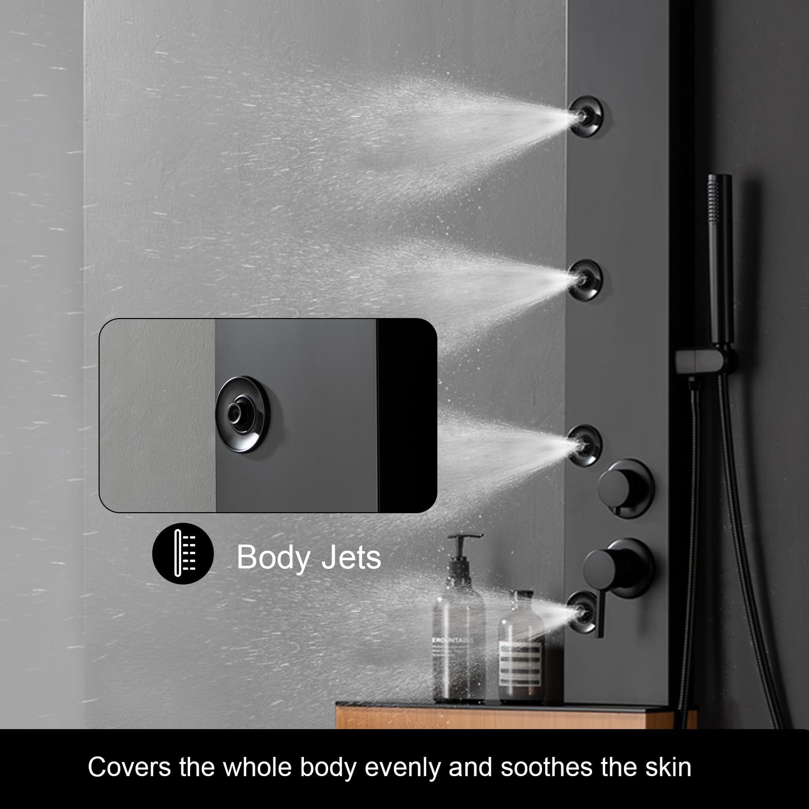 5-in-1 Stainless Steel Shower Panel System with Rainfall Shower Head, Waterfall & Body Jets - Matte Black Bathroom Fixture with Storage Shelf | Perfect for Spa-Like Experience & Modern Bathroom Upgrade