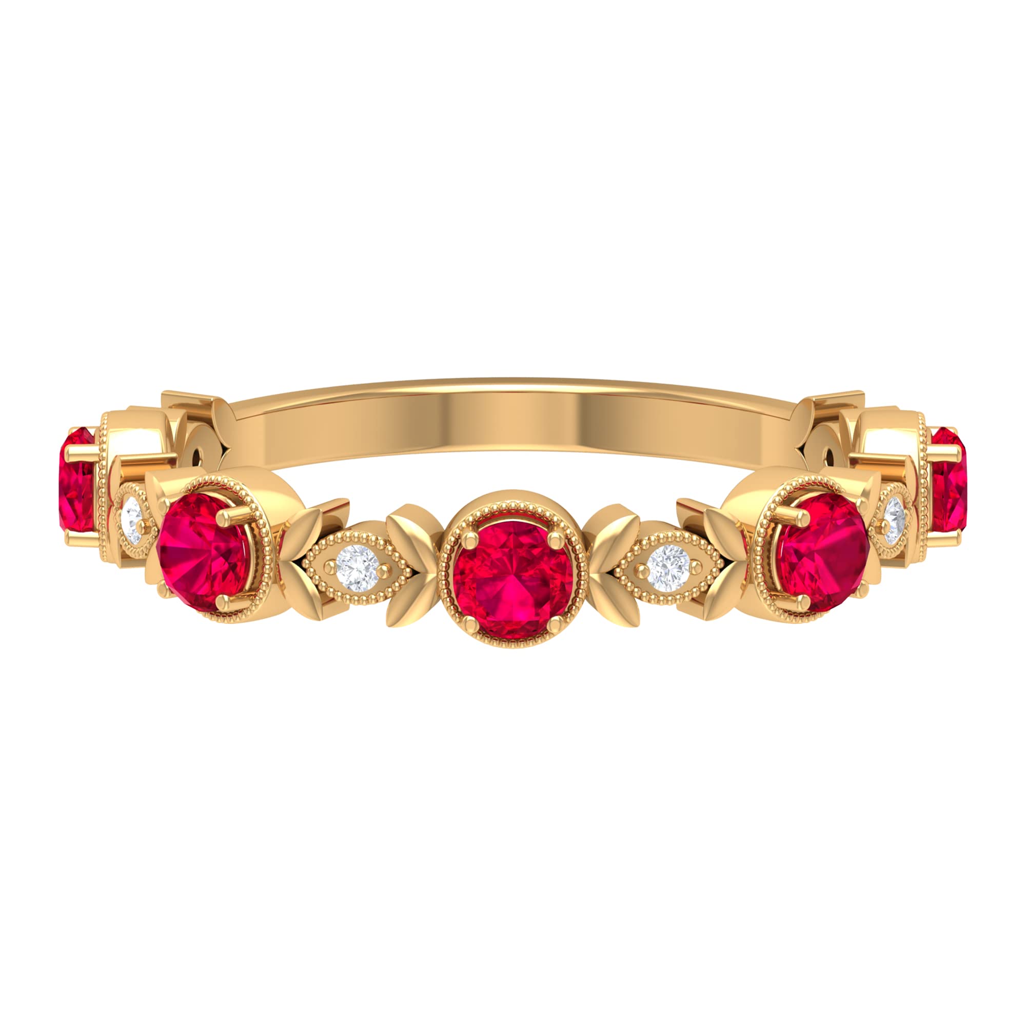 3/4 CT Ruby and Diamond 14K Solid Gold Ring - Floral Inspired Beaded Half Eternity Band for Women | Perfect for Anniversaries, Engagements & Special Occasions