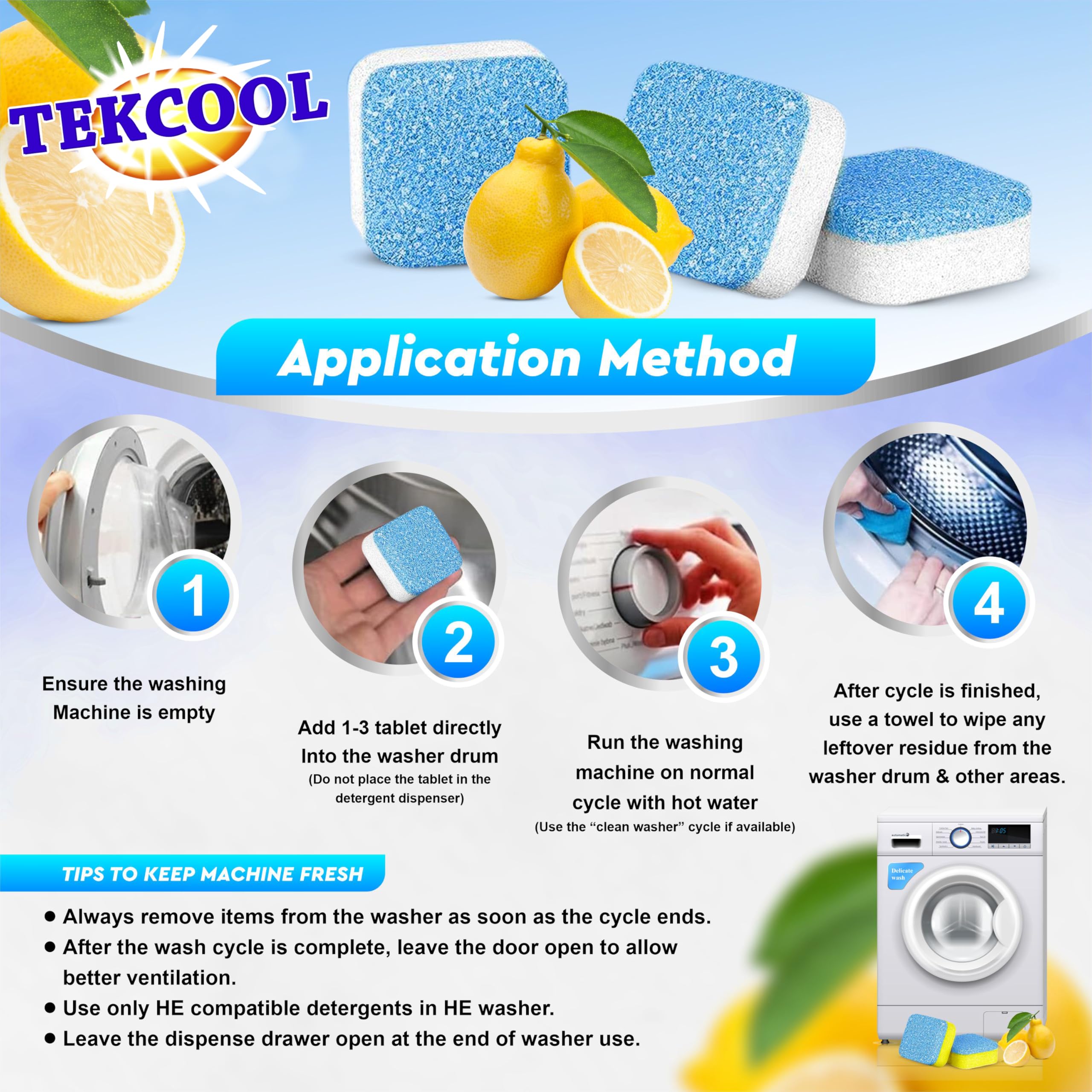 TEKCOOL Washing Machine Cleaner Tablets - 24 Pack Descaling Powder for Front & Top Load Washers, Deep Clean & Deodorize - Refresh Blue | Ideal for Laundry Maintenance & Odor Removal