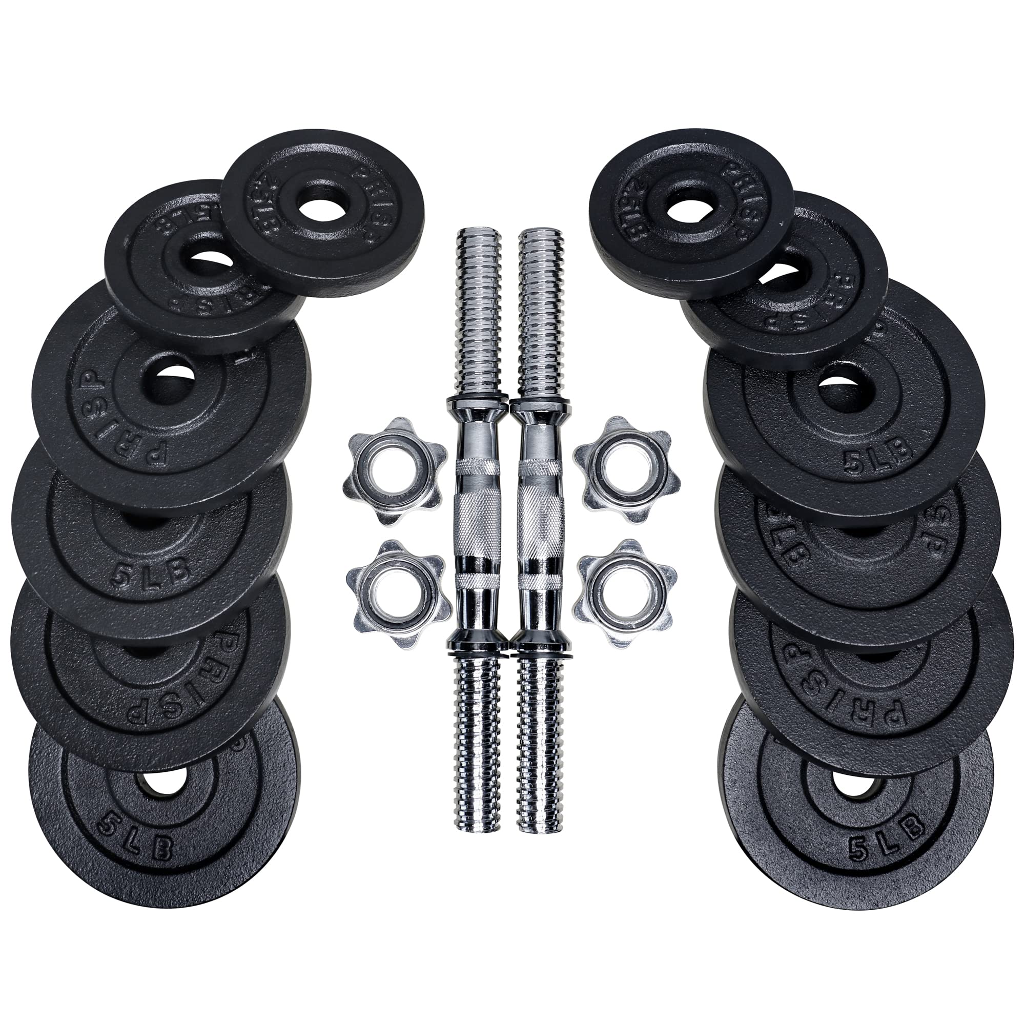 PRISP Adjustable Weight Dumbbells Set - 2 Bars, Cast Iron Plates & Threaded Collars for Home Gym Strength Training & Workout