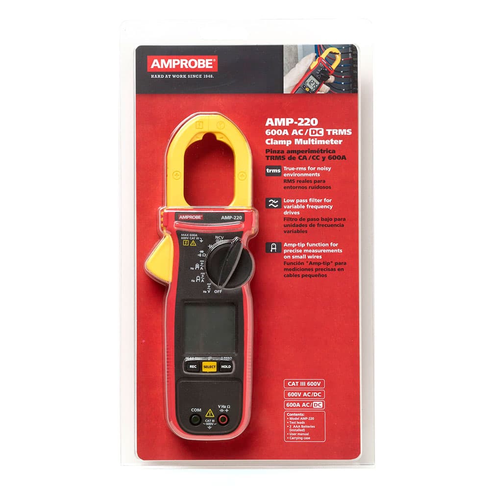 Amprobe 4560543 AMP 220 600V/600A TRMS AC/DC Clamp Multimeter with Amp Tip - CAT II Rated Electrical Tester for HVAC, Automotive & Industrial Use