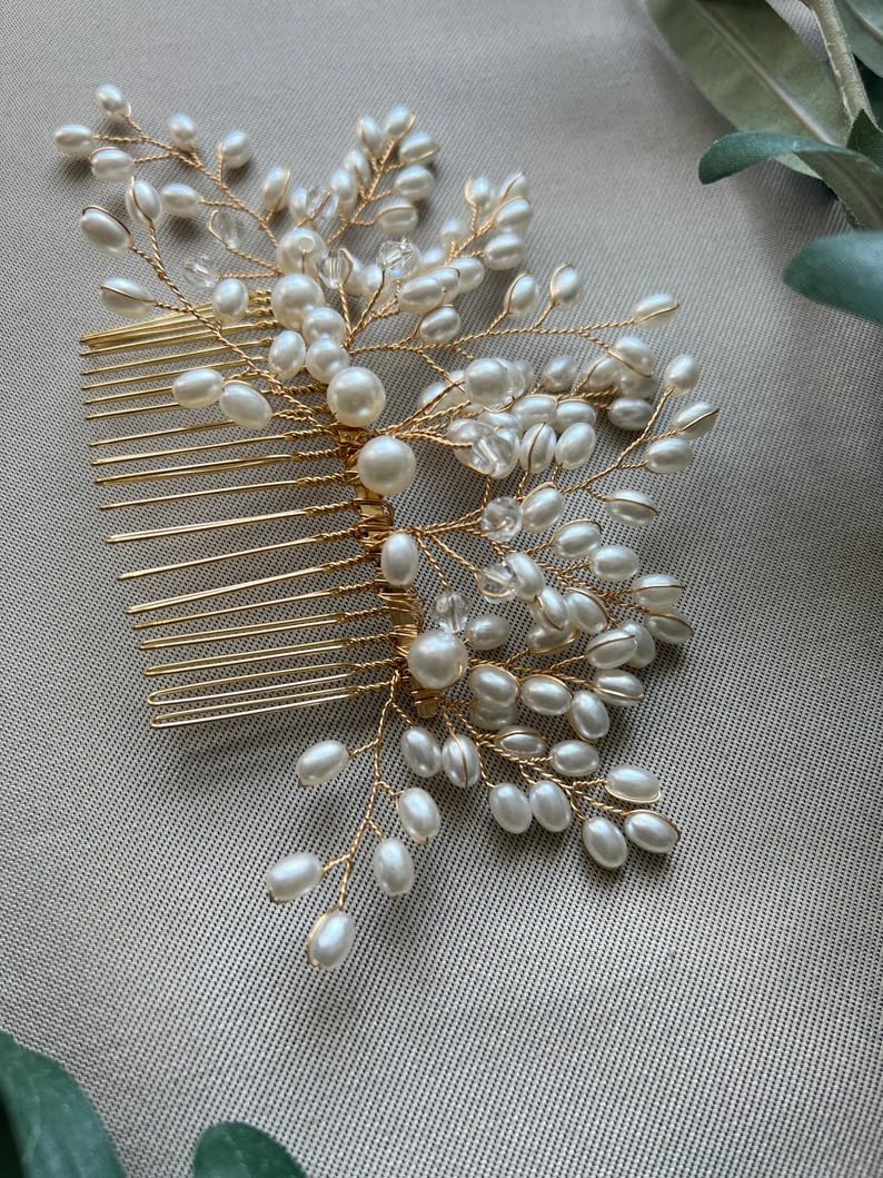 Elegant Golden Pearl Hair Comb - Bridal Hair Accessories for Wedding, Bridesmaid, and Special Occasions | Floral Hair Pin, Bun Comb, Juda Pin, Hair Jewelry Brooch | Perfect for Weddings, Prom, and Formal Events