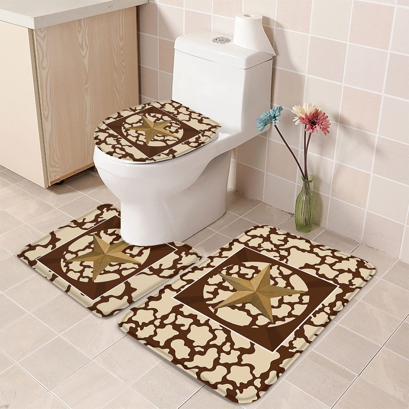 3-Piece Texas Western Country Star Brown Bathroom Rug Set - Non-Slip Bath Mat, Contour Mat & Toilet Lid Cover | Soft Absorbent Shower Mats with Barn Cow Texture for Bathroom Safety & Style