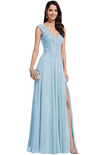 Elegant V-Neck Chiffon Bridesmaid Dresses with Lace Appliques - A-Line Long Formal Gowns with Side Slit for Weddings, Prom & Special Occasions